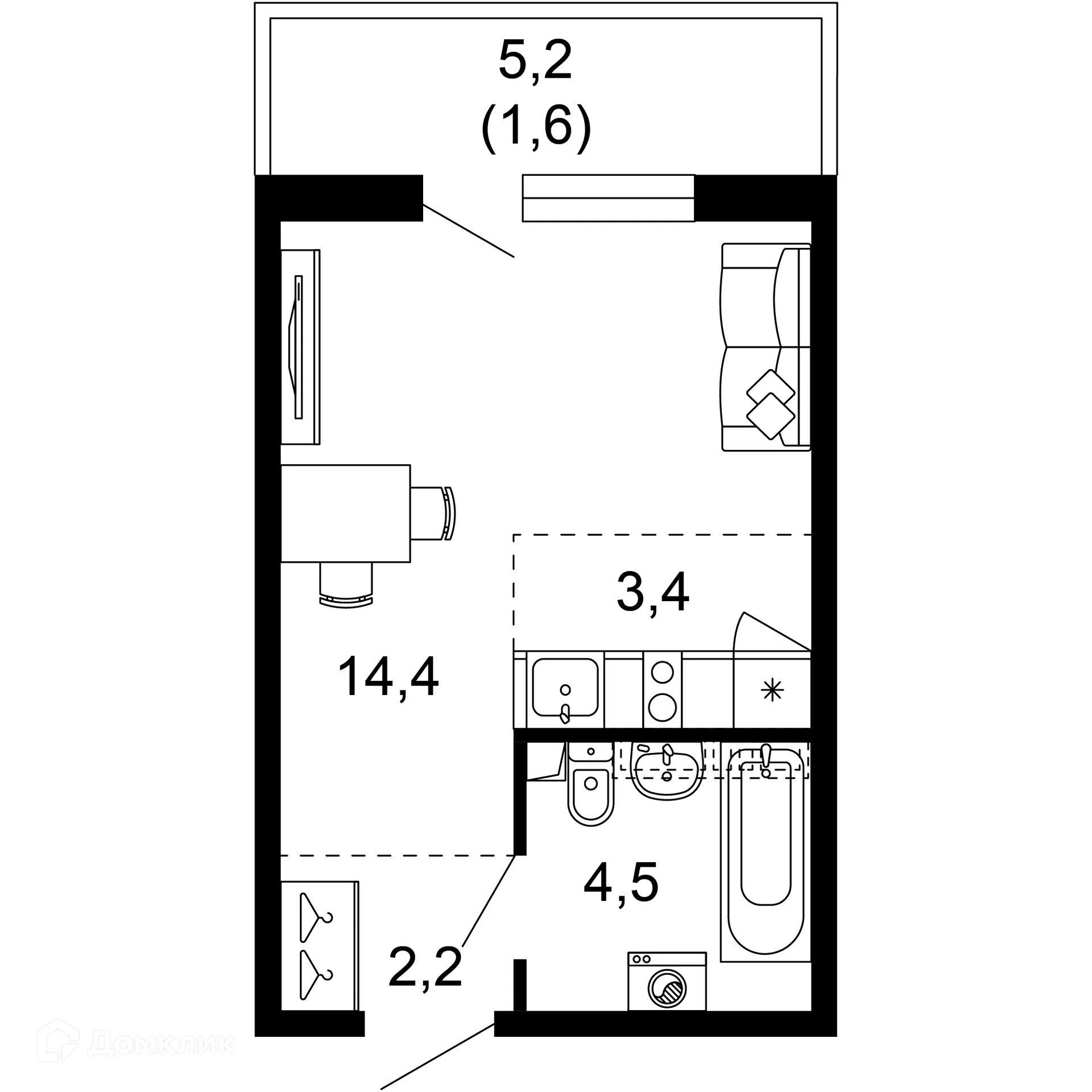 Планировка 1-комнатной квартиры 26.1 м² в ЖК Лестория, г. Сочи — фото 1