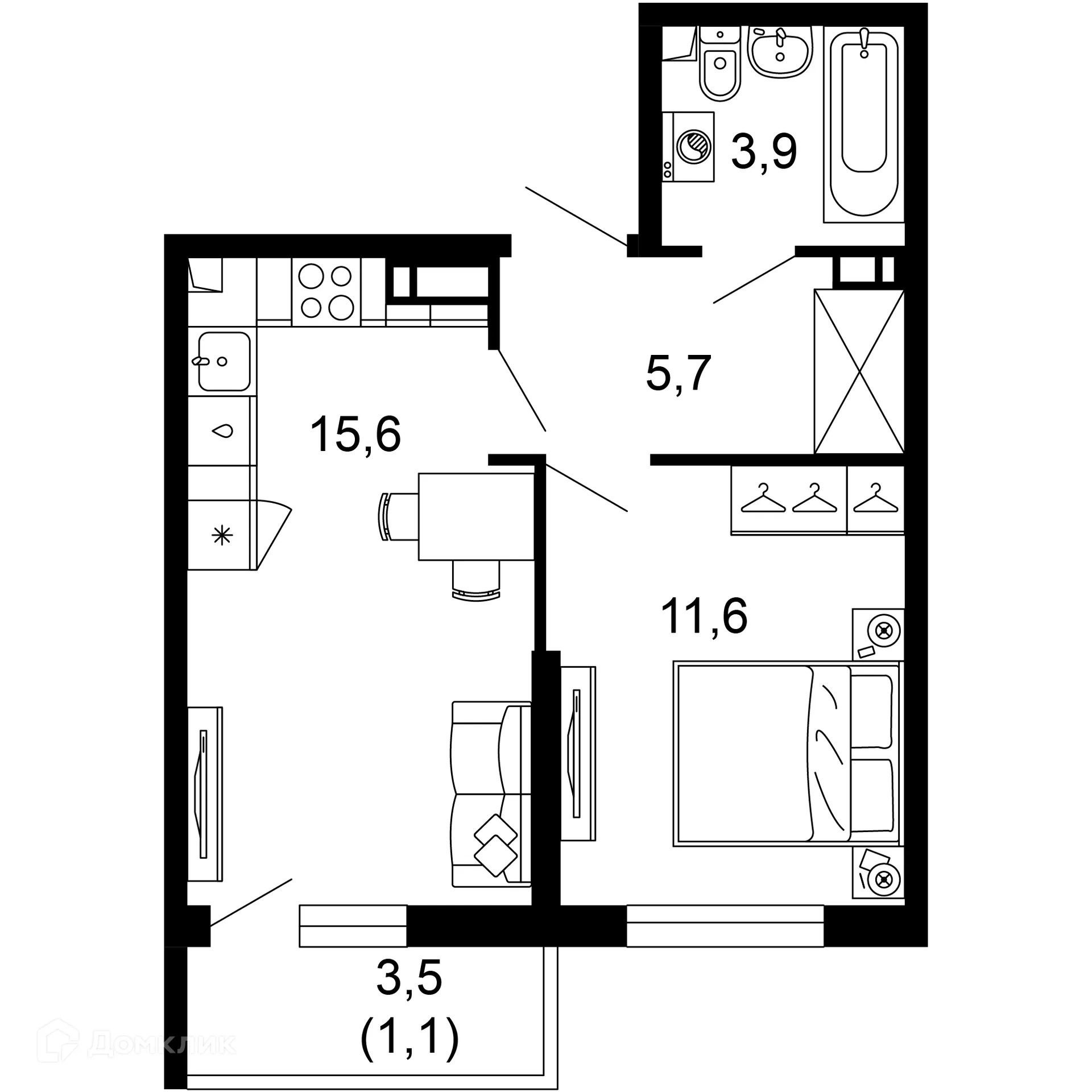 Планировка 1-комнатной квартиры 37.9 м² в ЖК Лестория, г. Сочи — фото 1