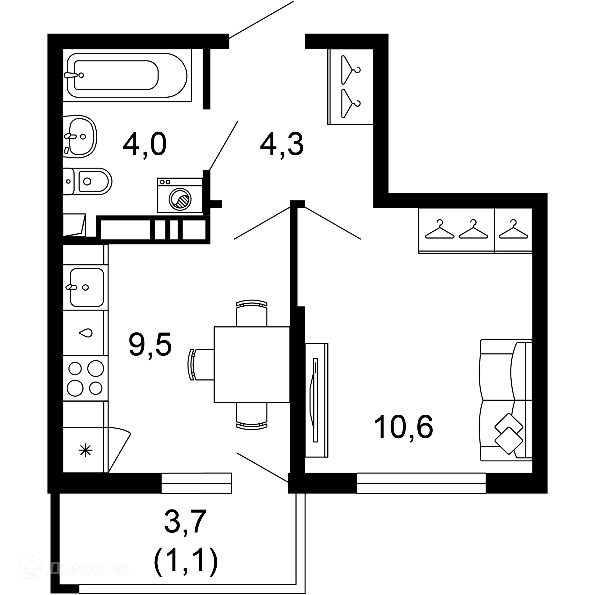 Планировка 1-комнатной квартиры 29.5 м² в ЖК Лестория, г. Сочи — фото 1