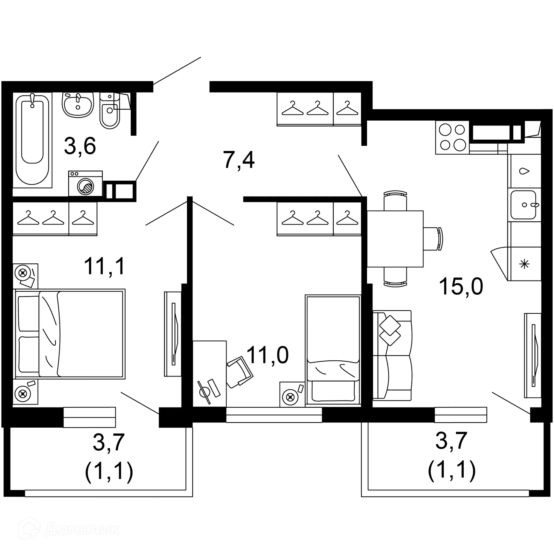 Планировка 2-комнатной квартиры 50.3 м² в ЖК Лестория, г. Сочи — фото 1