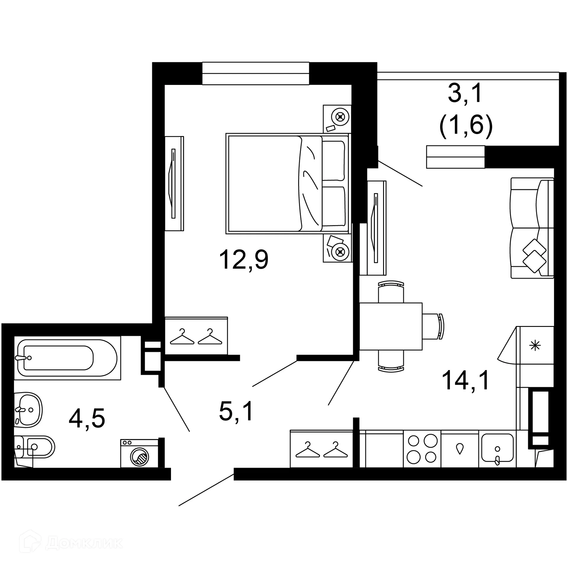 Планировка 1-комнатной квартиры 38.2 м² в ЖК Лестория, г. Сочи — фото 1