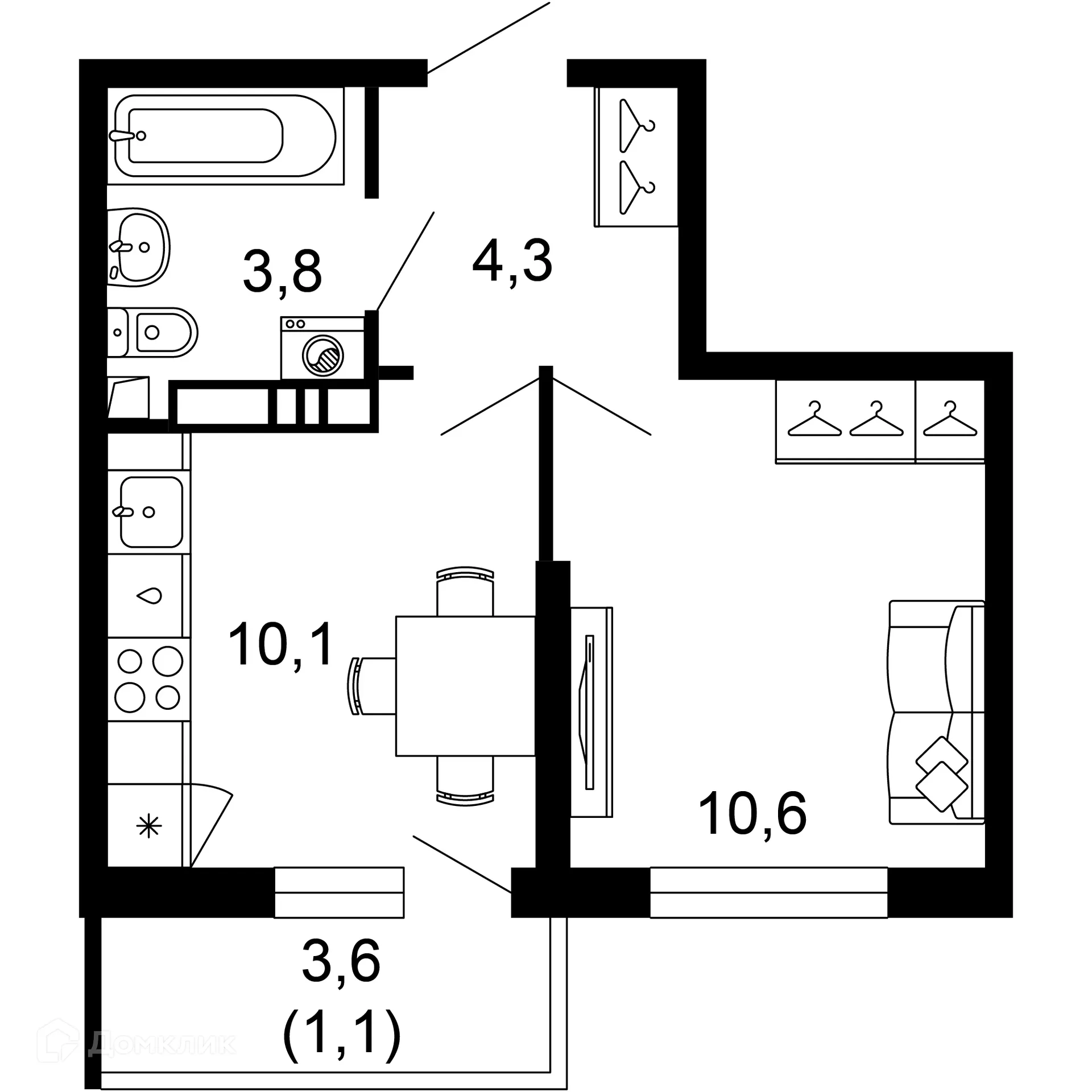 Планировка 1-комнатной квартиры 29.9 м² в ЖК Лестория, г. Сочи — фото 1