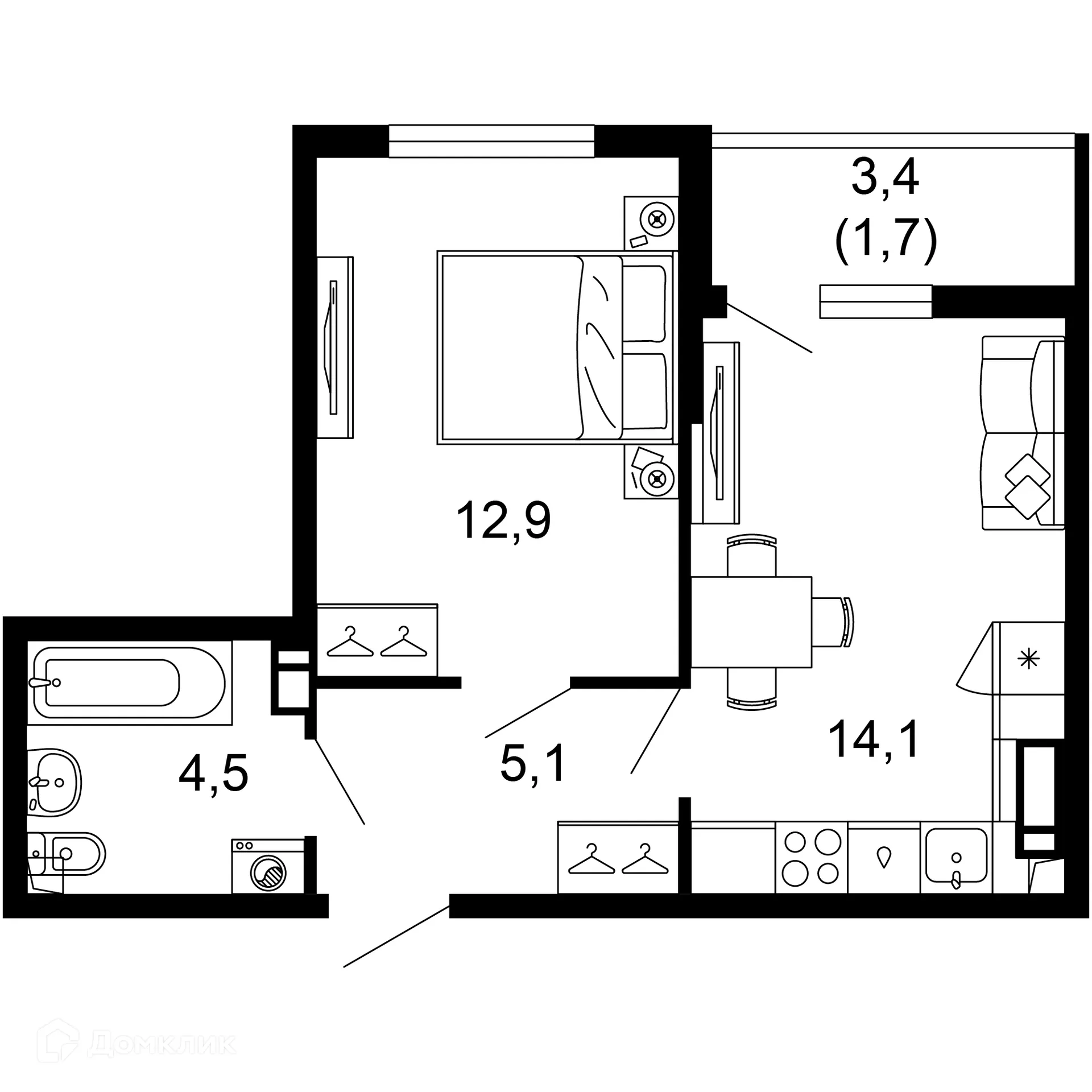 Планировка 1-комнатной квартиры 38.3 м² в ЖК Лестория, г. Сочи — фото 1