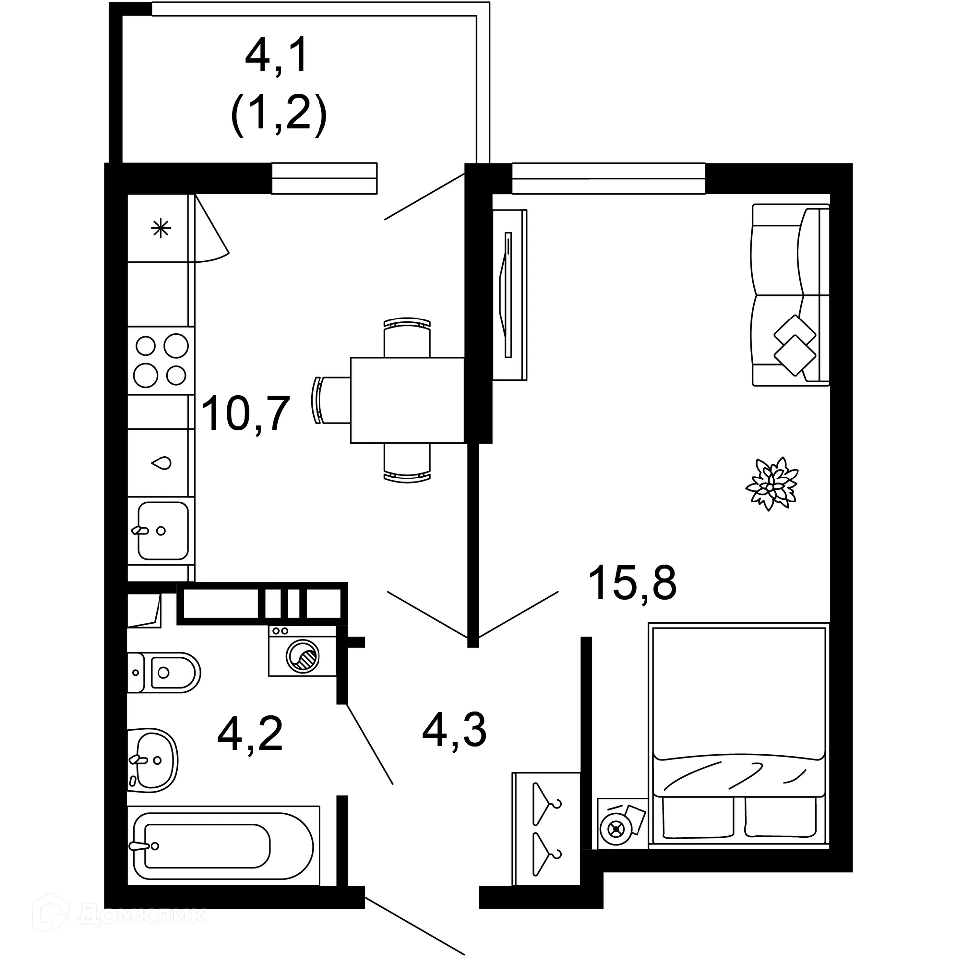 Планировка 1-комнатной квартиры 36.2 м² в ЖК Лестория, г. Сочи — фото 1