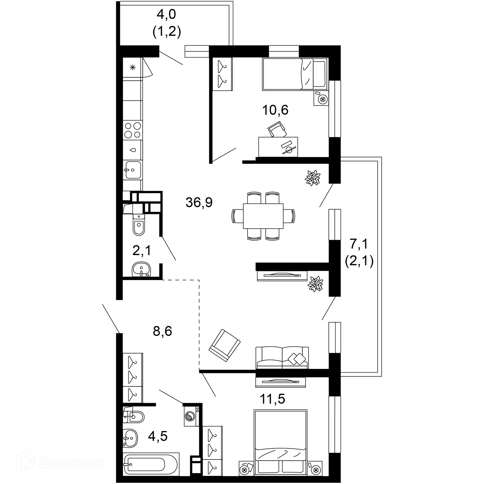 Планировка 2-комнатной квартиры 77.5 м² в ЖК Лестория, г. Сочи — фото 1