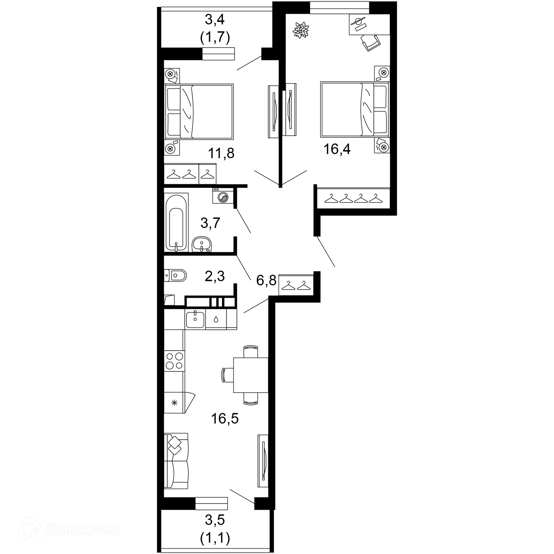 Планировка 2-комнатной квартиры 60.3 м² в ЖК Лестория, г. Сочи — фото 1