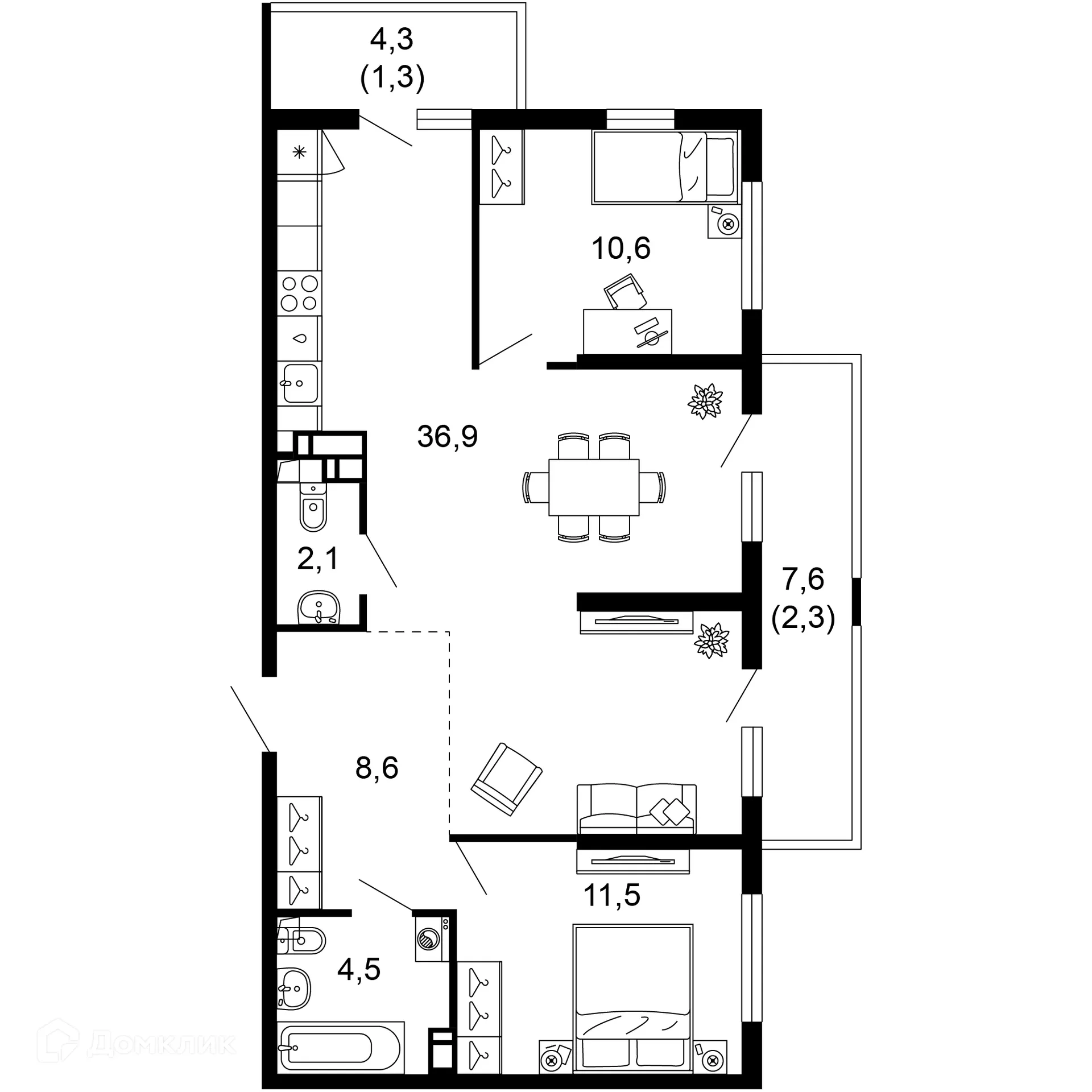 Планировка 2-комнатной квартиры 77.8 м² в ЖК Лестория, г. Сочи — фото 1
