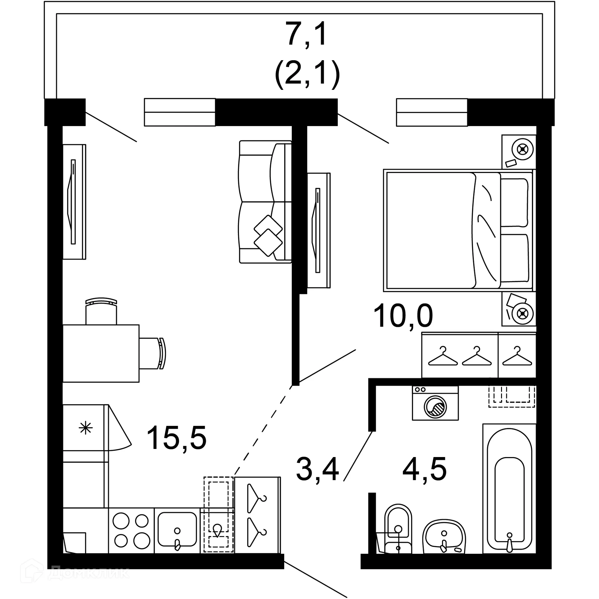Планировка 1-комнатной квартиры 35.5 м² в ЖК Лестория, г. Сочи — фото 1