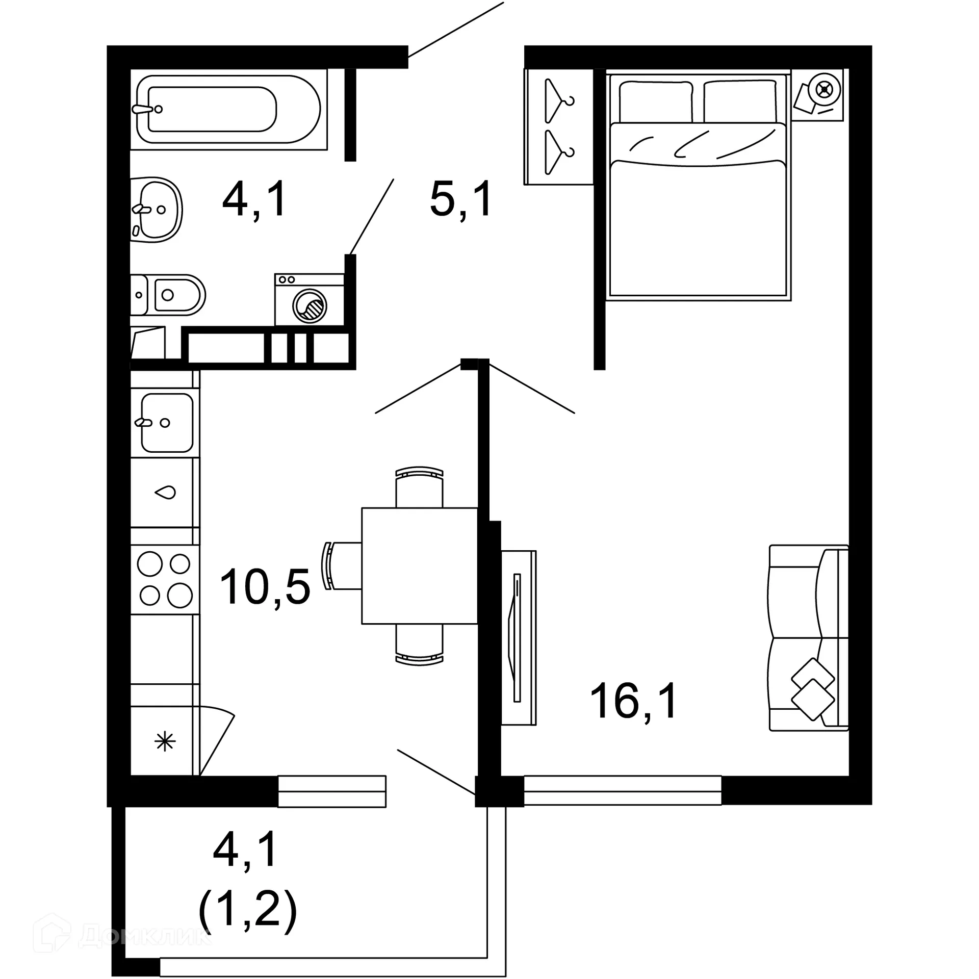 Планировка 1-комнатной квартиры 37 м² в ЖК Лестория, г. Сочи — фото 1
