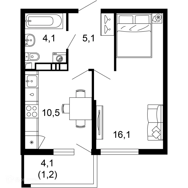 Планировка 1 комн. в ЖК Лестория