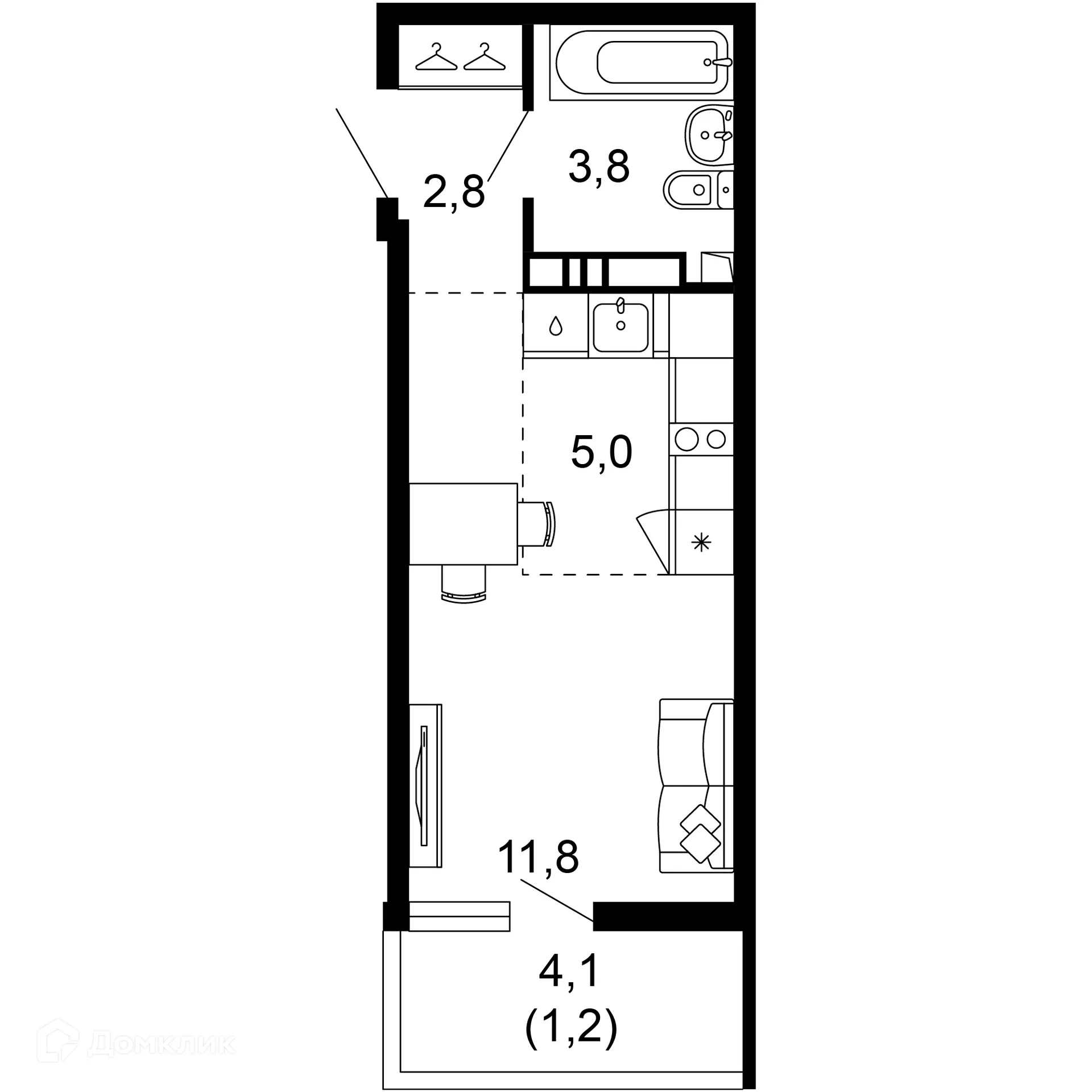 Планировка 1-комнатной квартиры 24.6 м² в ЖК Лестория, г. Сочи — фото 1