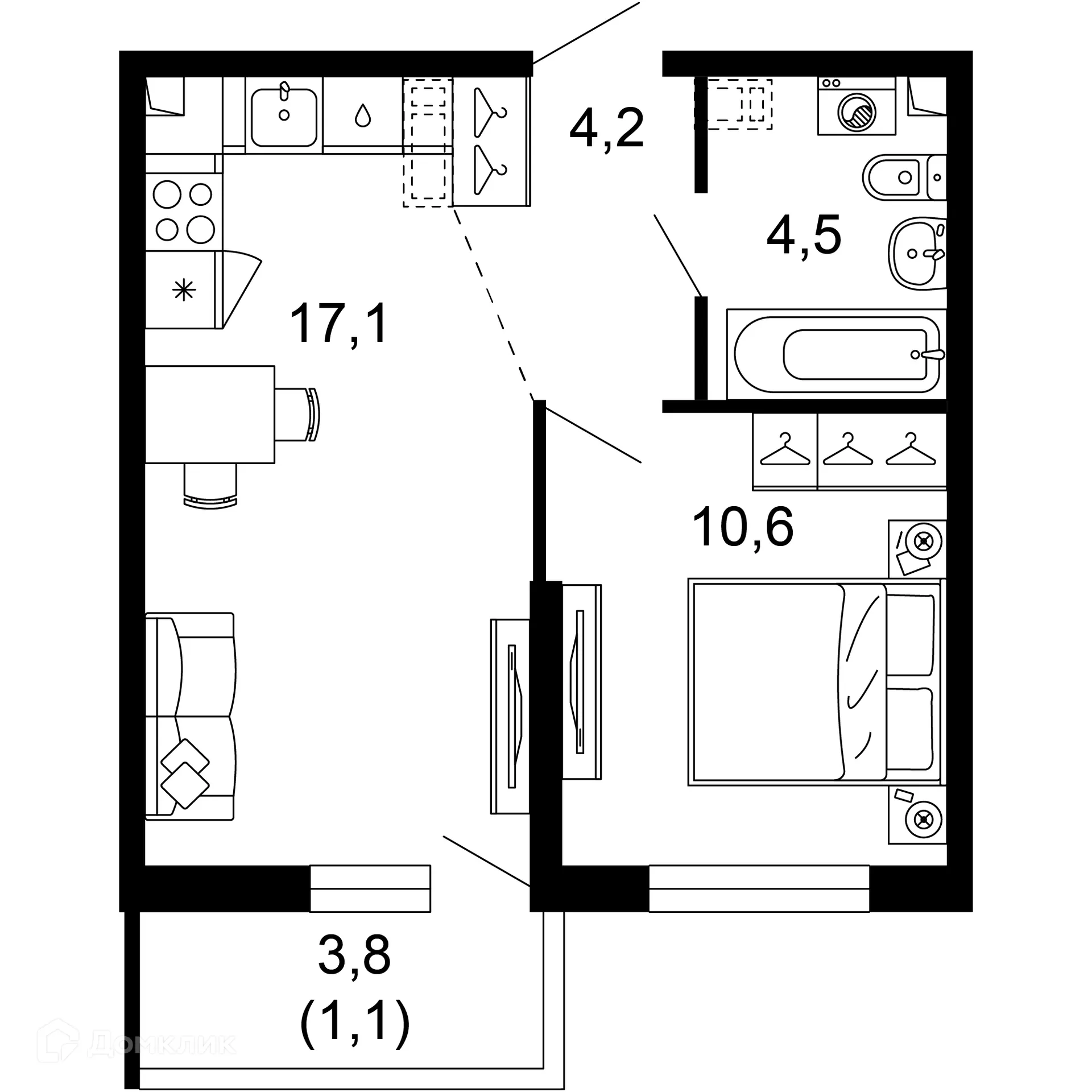 Планировка 1-комнатной квартиры 37.5 м² в ЖК Лестория, г. Сочи — фото 1