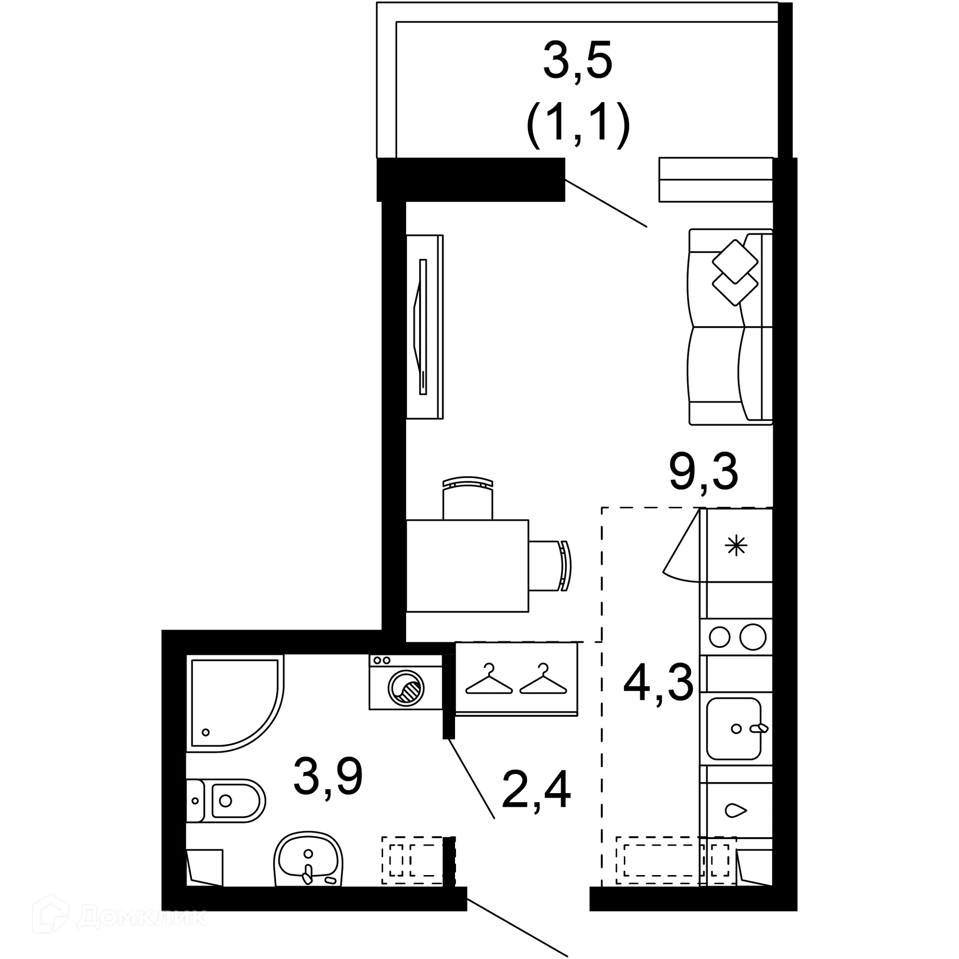 Планировка 1-комнатной квартиры 21 м² в ЖК Лестория, г. Сочи — фото 1