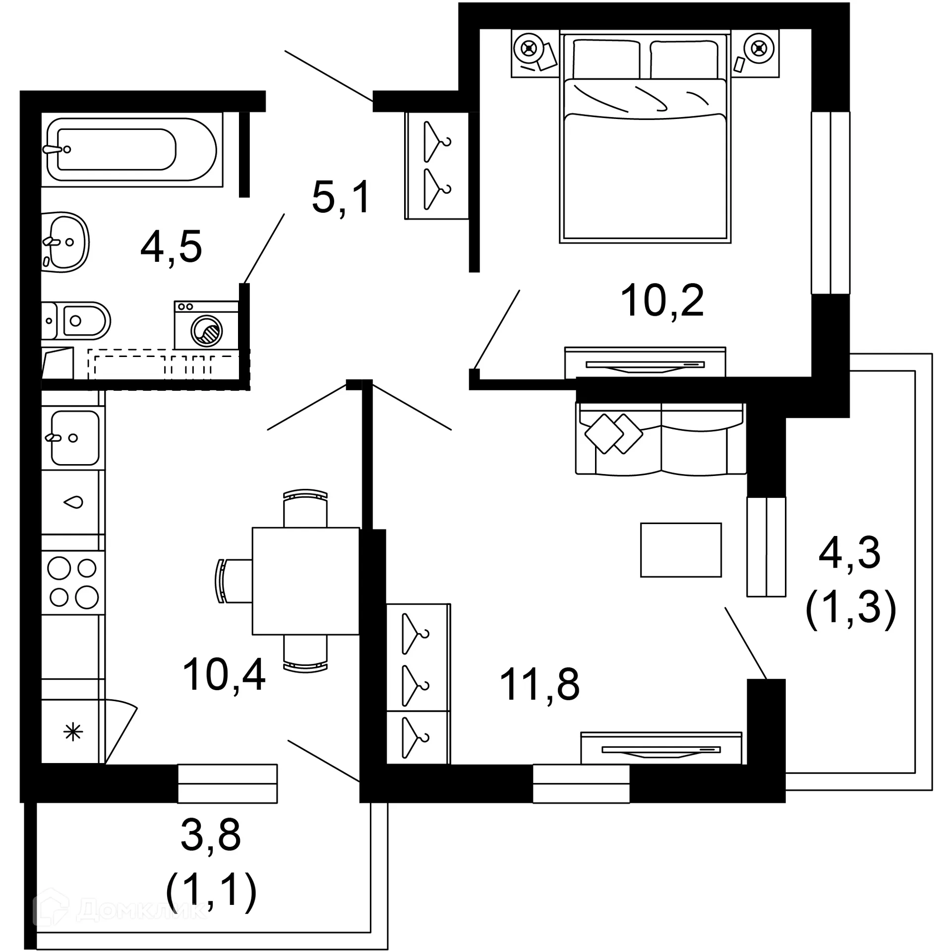 Планировка 2-комнатной квартиры 44.4 м² в ЖК Лестория, г. Сочи — фото 1