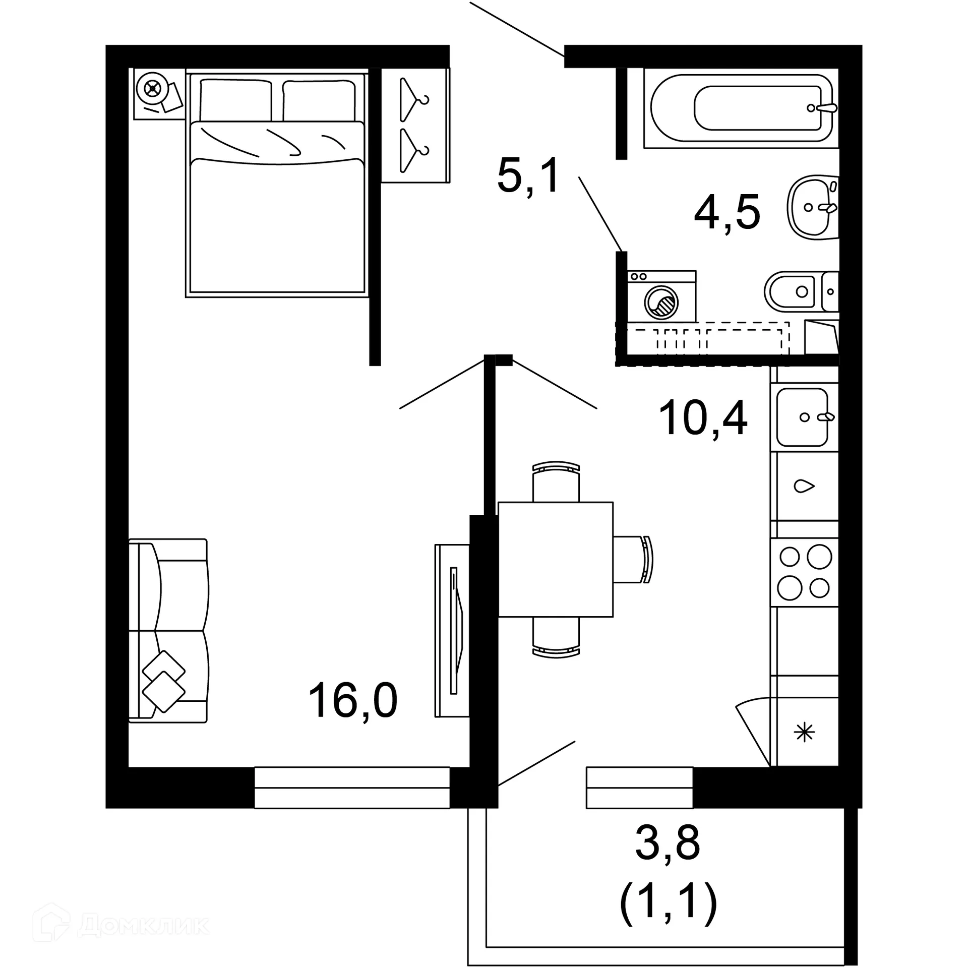Планировка 1-комнатной квартиры 37.1 м² в ЖК Лестория, г. Сочи — фото 1
