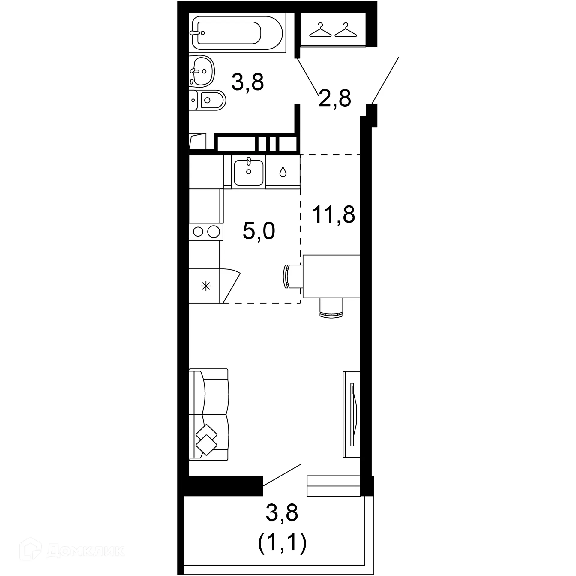 Планировка 1-комнатной квартиры 24.5 м² в ЖК Лестория, г. Сочи — фото 1