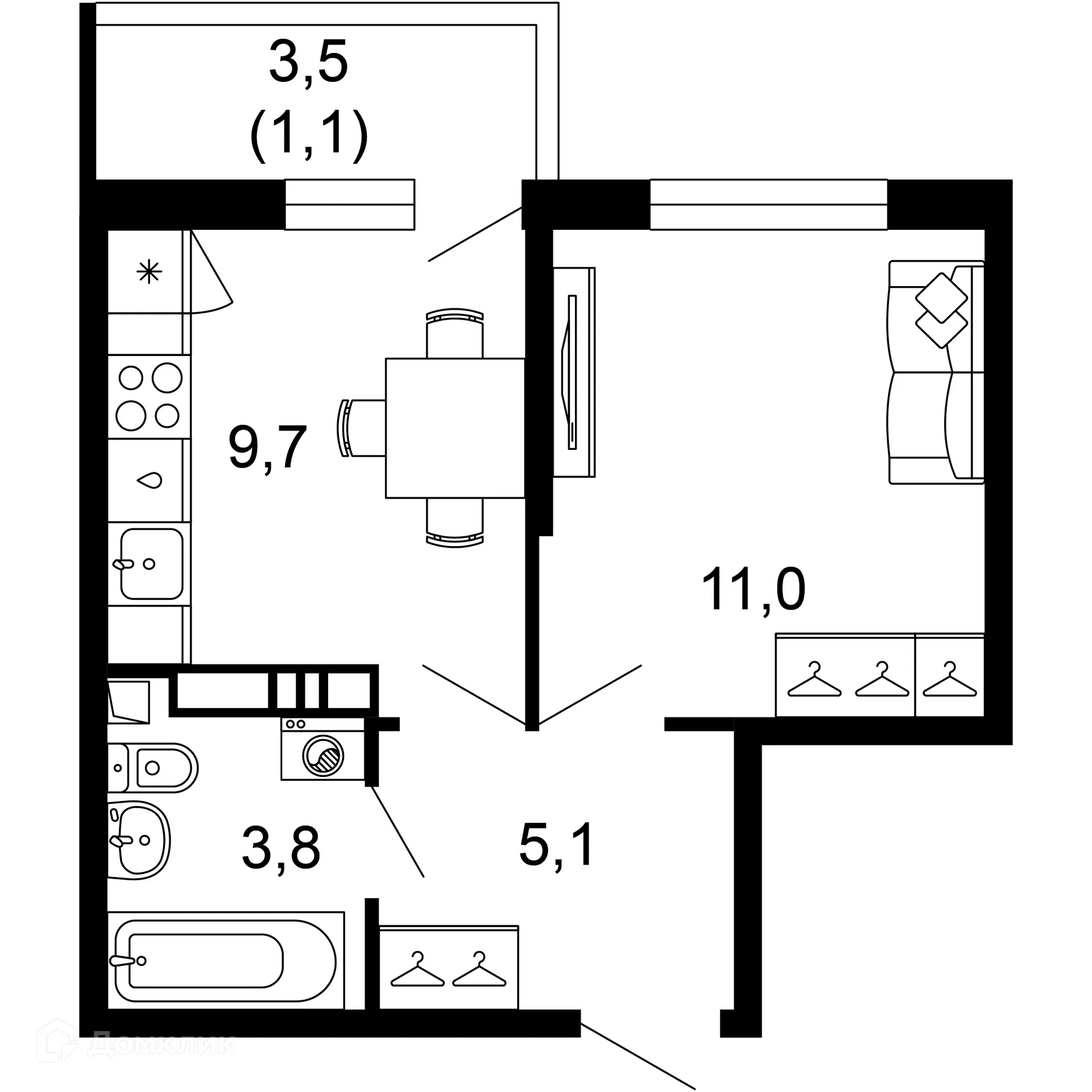 Планировка 1-комнатной квартиры 30.7 м² в ЖК Лестория, г. Сочи — фото 1