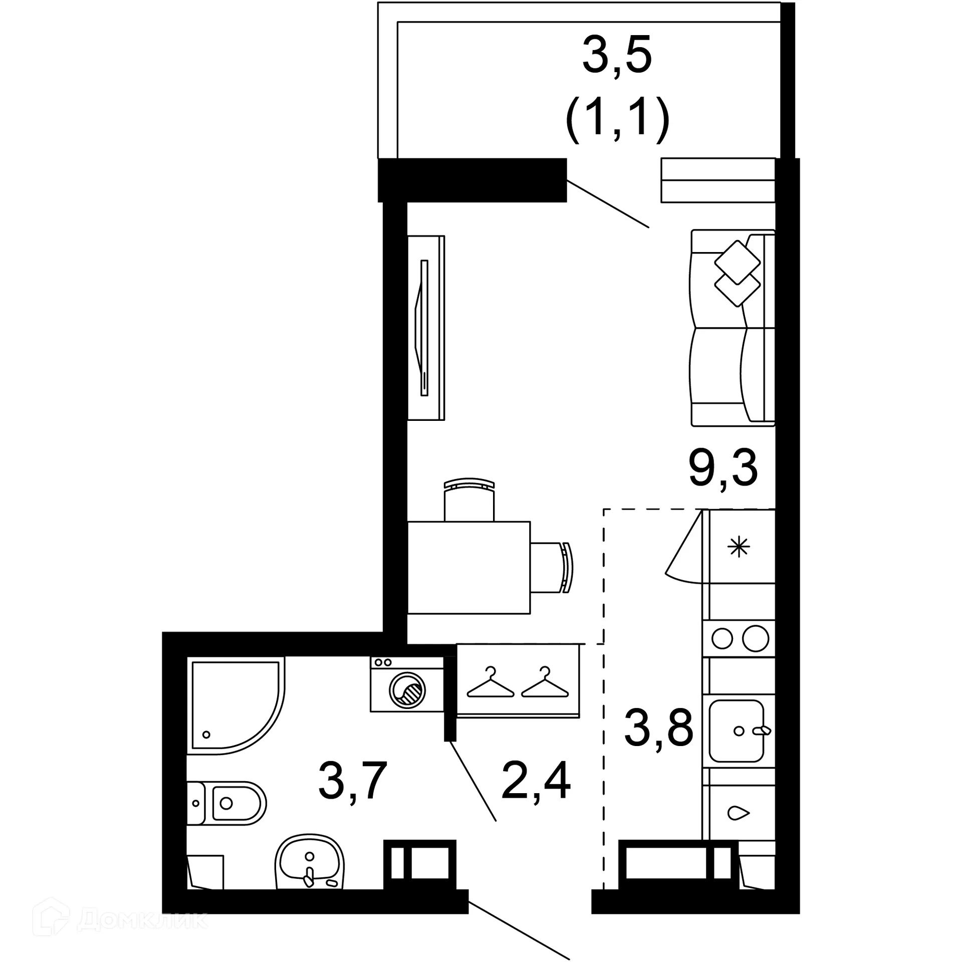 Планировка 1-комнатной квартиры 20.3 м² в ЖК Лестория, г. Сочи — фото 1