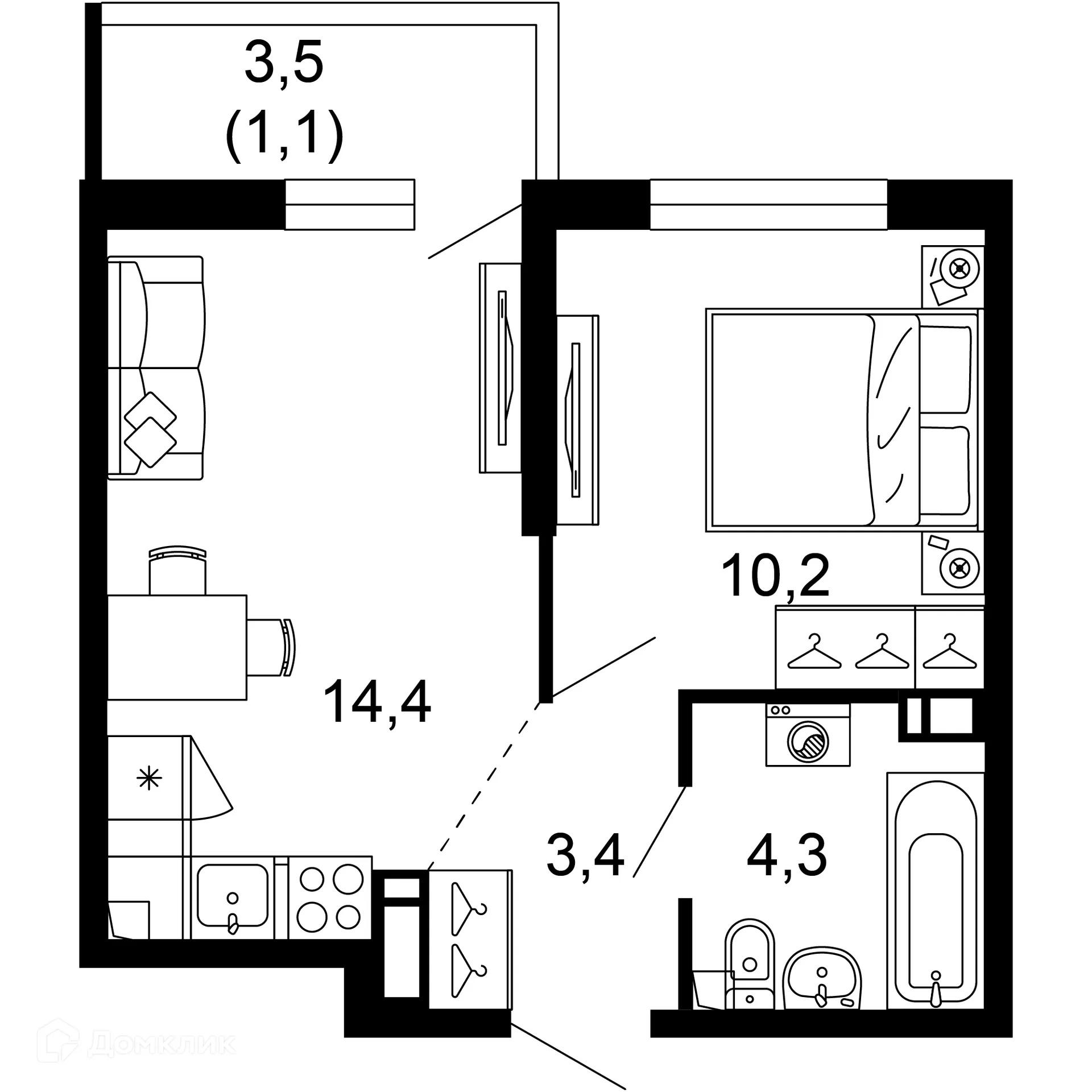 Планировка 1-комнатной квартиры 33.4 м² в ЖК Лестория, г. Сочи — фото 1