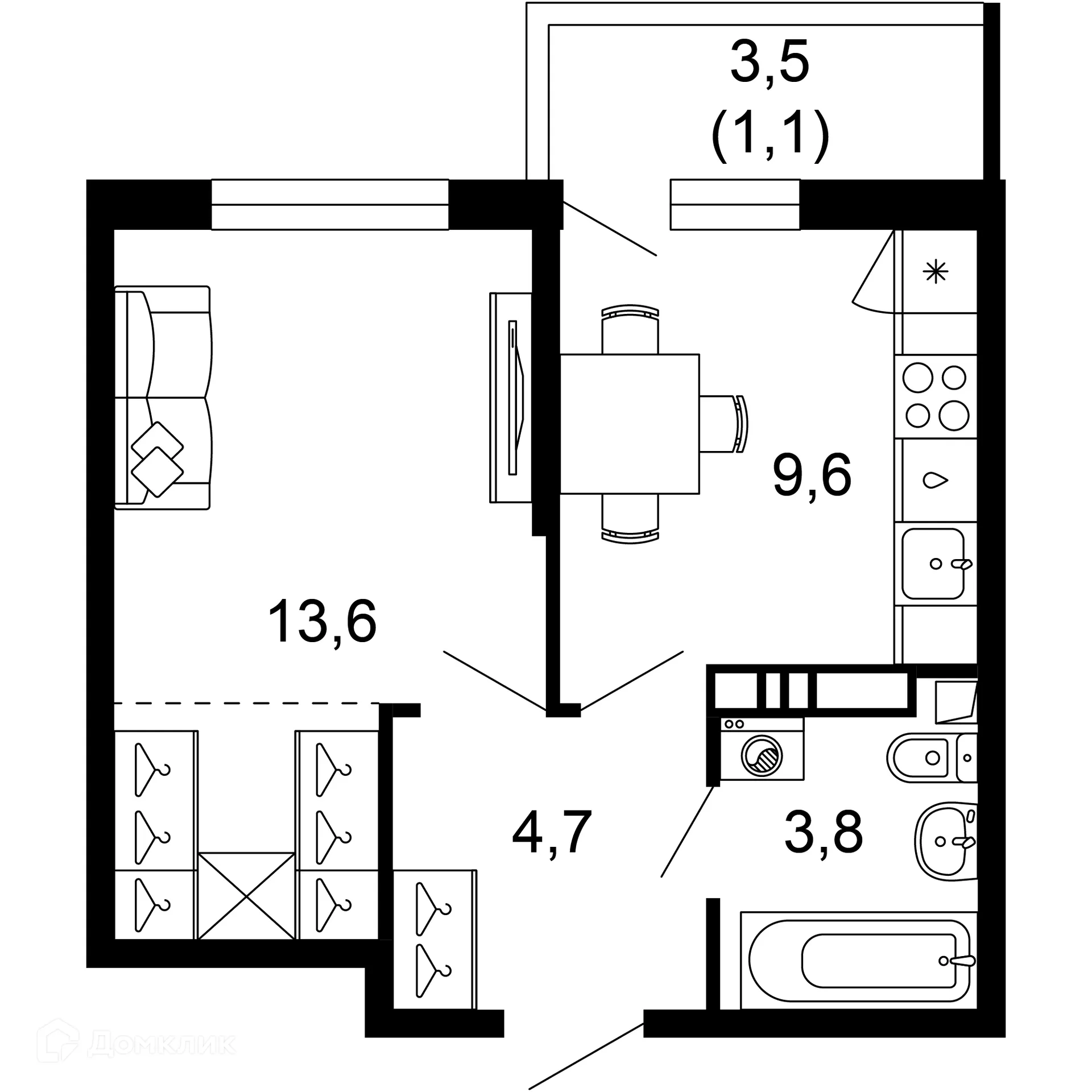 Планировка 1-комнатной квартиры 32.8 м² в ЖК Лестория, г. Сочи — фото 1