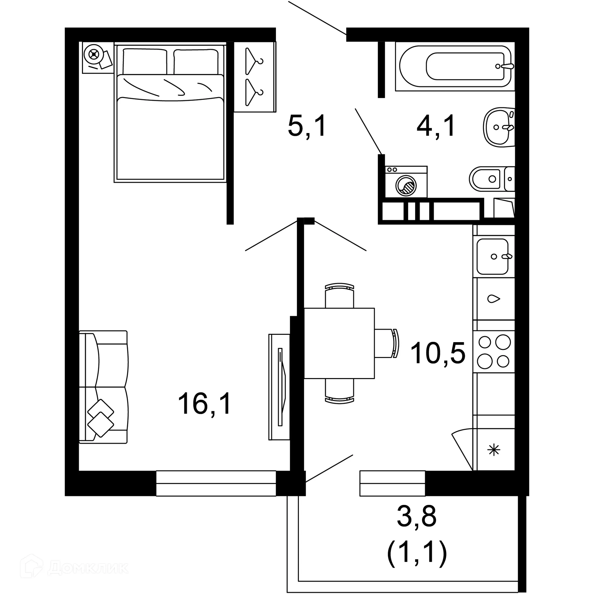 Планировка 1-комнатной квартиры 36.9 м² в ЖК Лестория, г. Сочи — фото 1