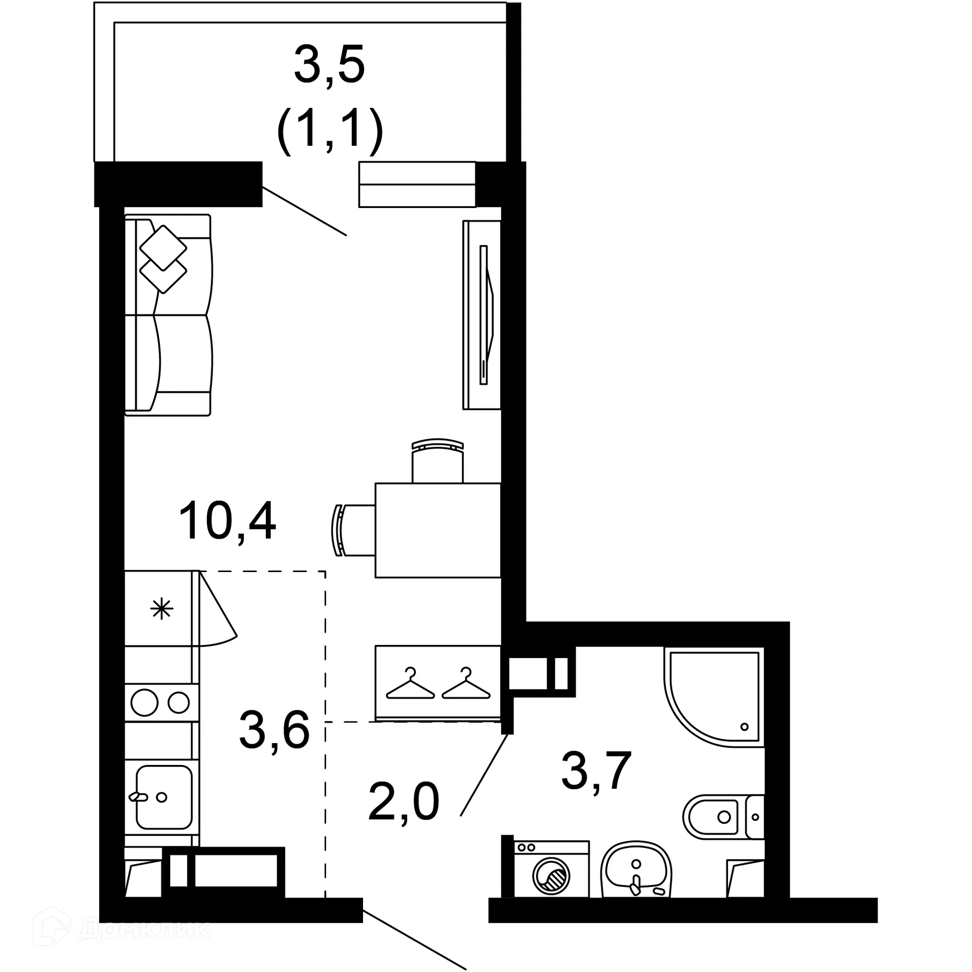 Планировка 1-комнатной квартиры 20.8 м² в ЖК Лестория, г. Сочи — фото 1
