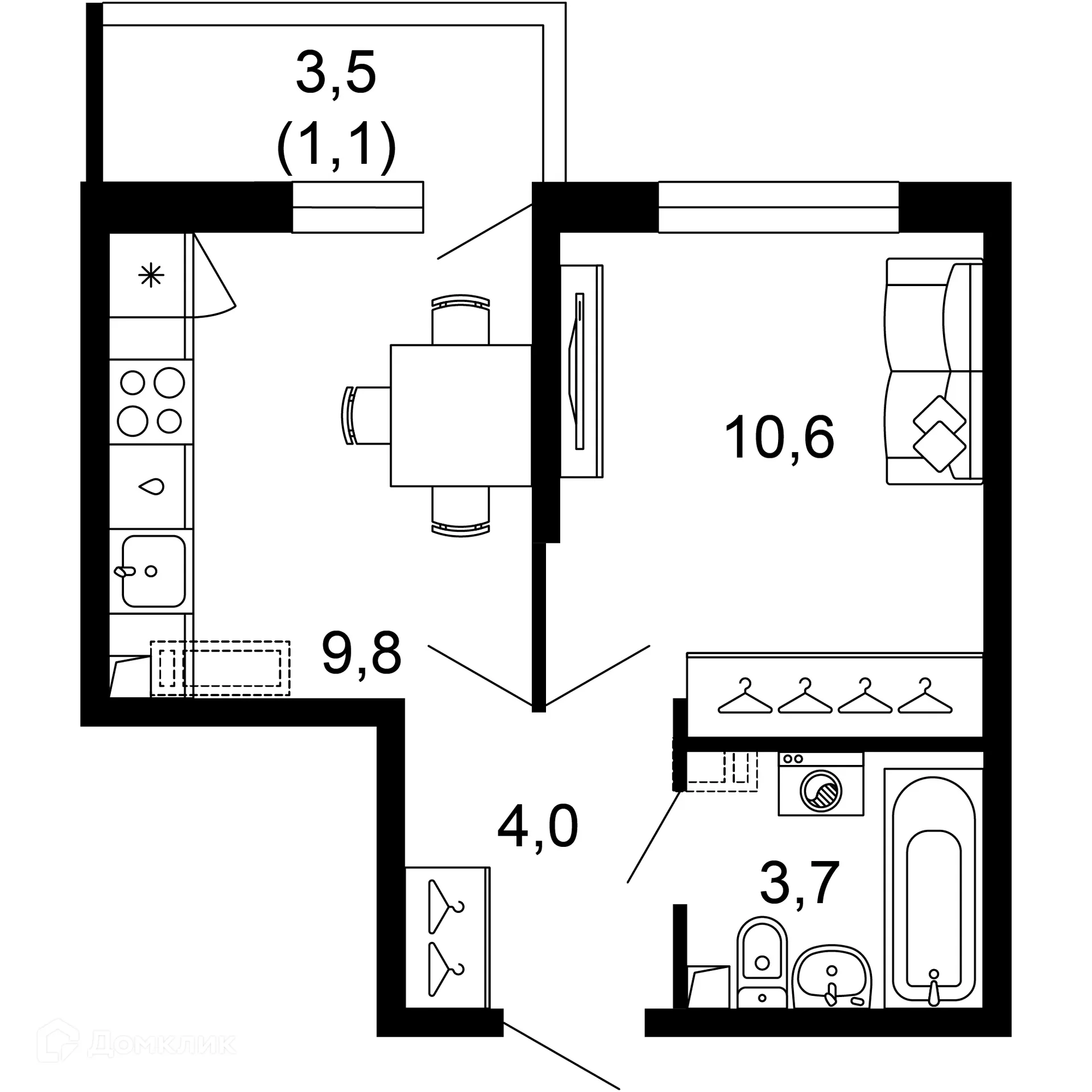 Планировка 1-комнатной квартиры 29.2 м² в ЖК Лестория, г. Сочи — фото 1