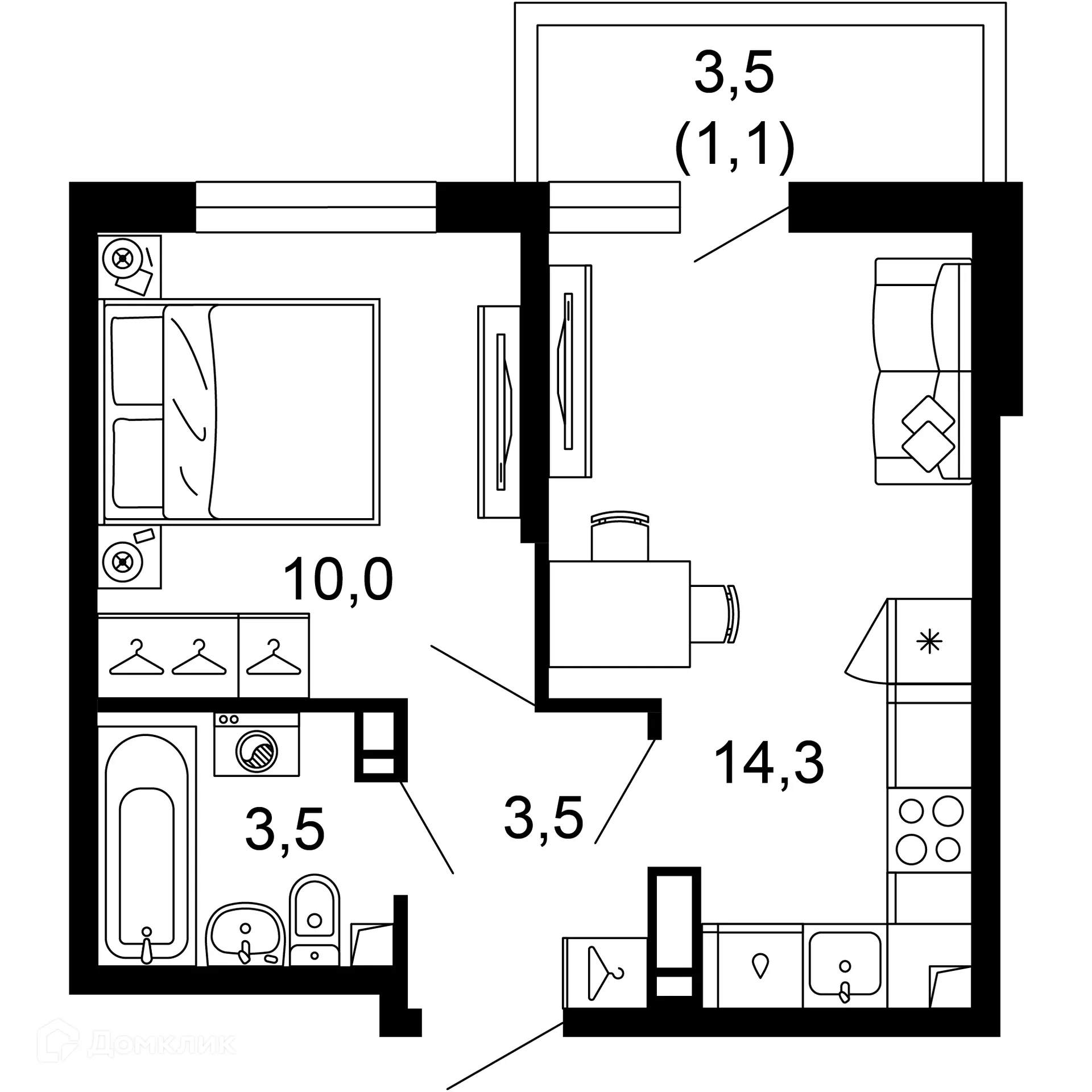 Планировка 1-комнатной квартиры 32.4 м² в ЖК Лестория, г. Сочи — фото 1