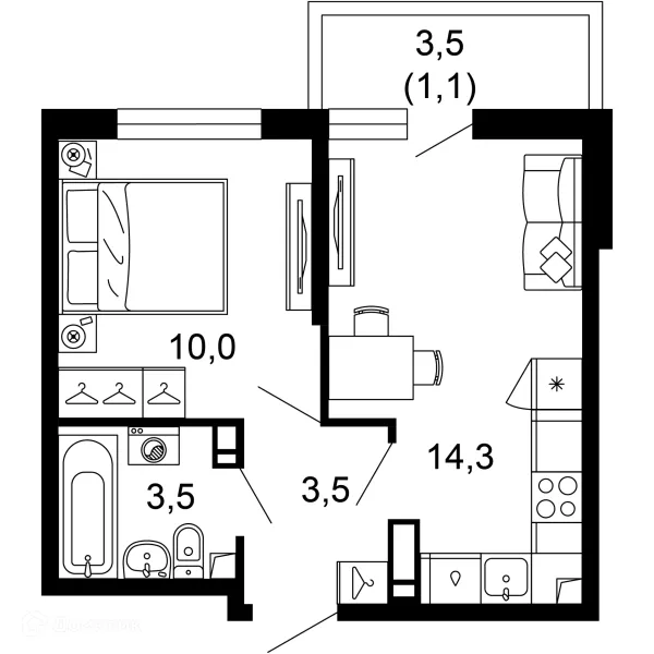 Планировка 1 комн. в ЖК Лестория