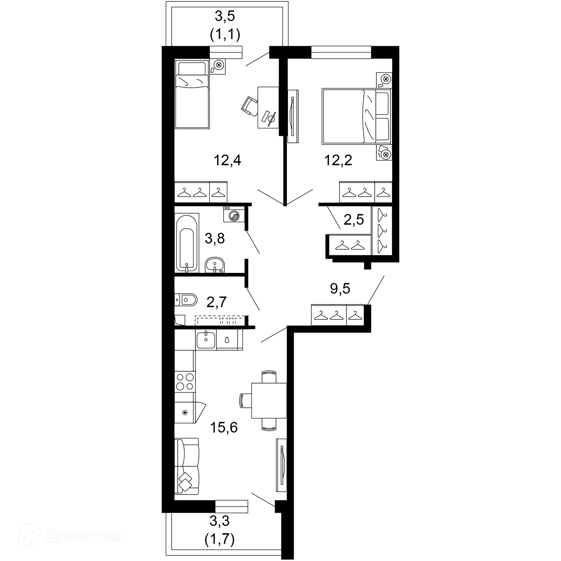 Планировка 2-комнатной квартиры 61.5 м² в ЖК Лестория, г. Сочи — фото 1