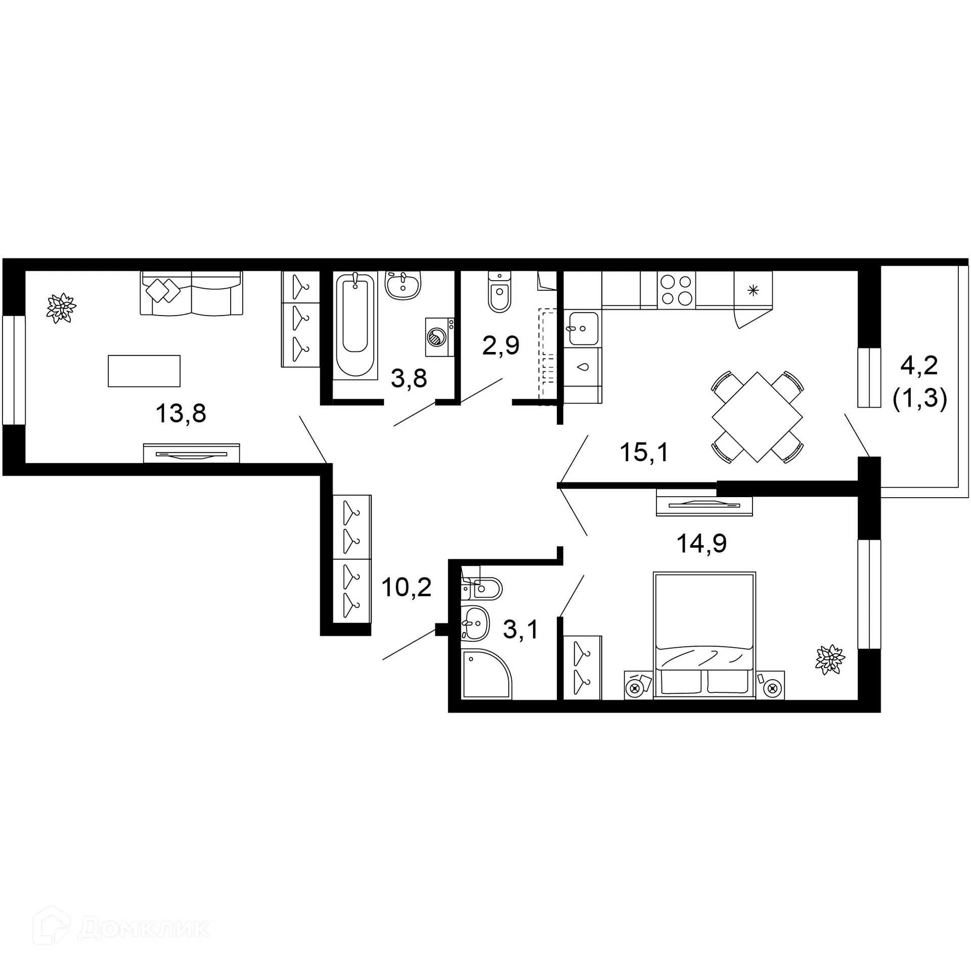 Планировка 2-комнатной квартиры 65.1 м² в ЖК Лестория, г. Сочи — фото 1