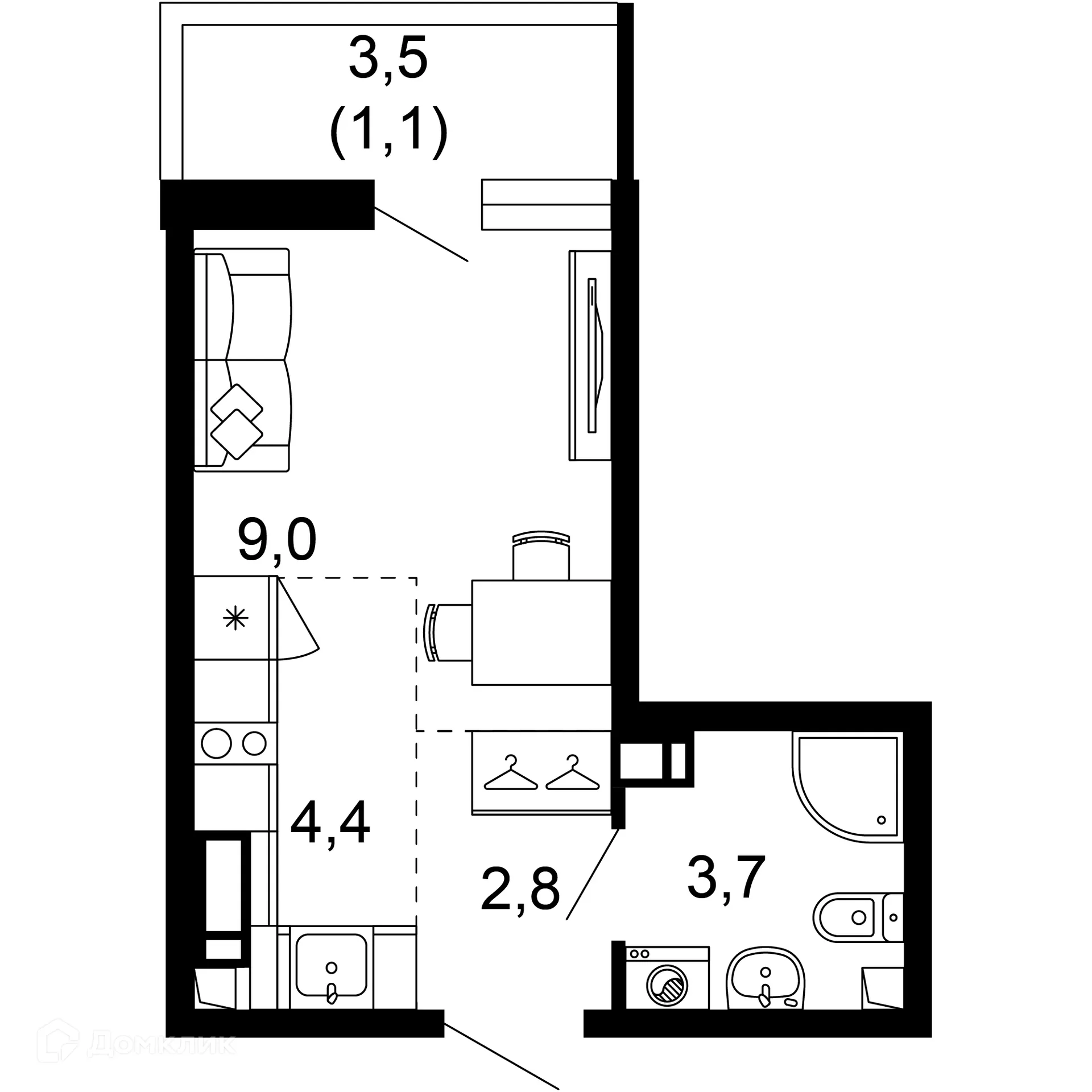 Планировка 1-комнатной квартиры 21 м² в ЖК Лестория, г. Сочи — фото 1