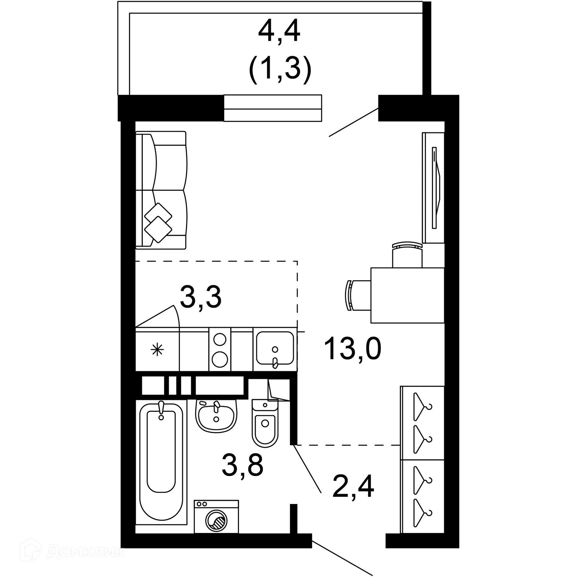 Планировка 1-комнатной квартиры 23.8 м² в ЖК Лестория, г. Сочи — фото 1