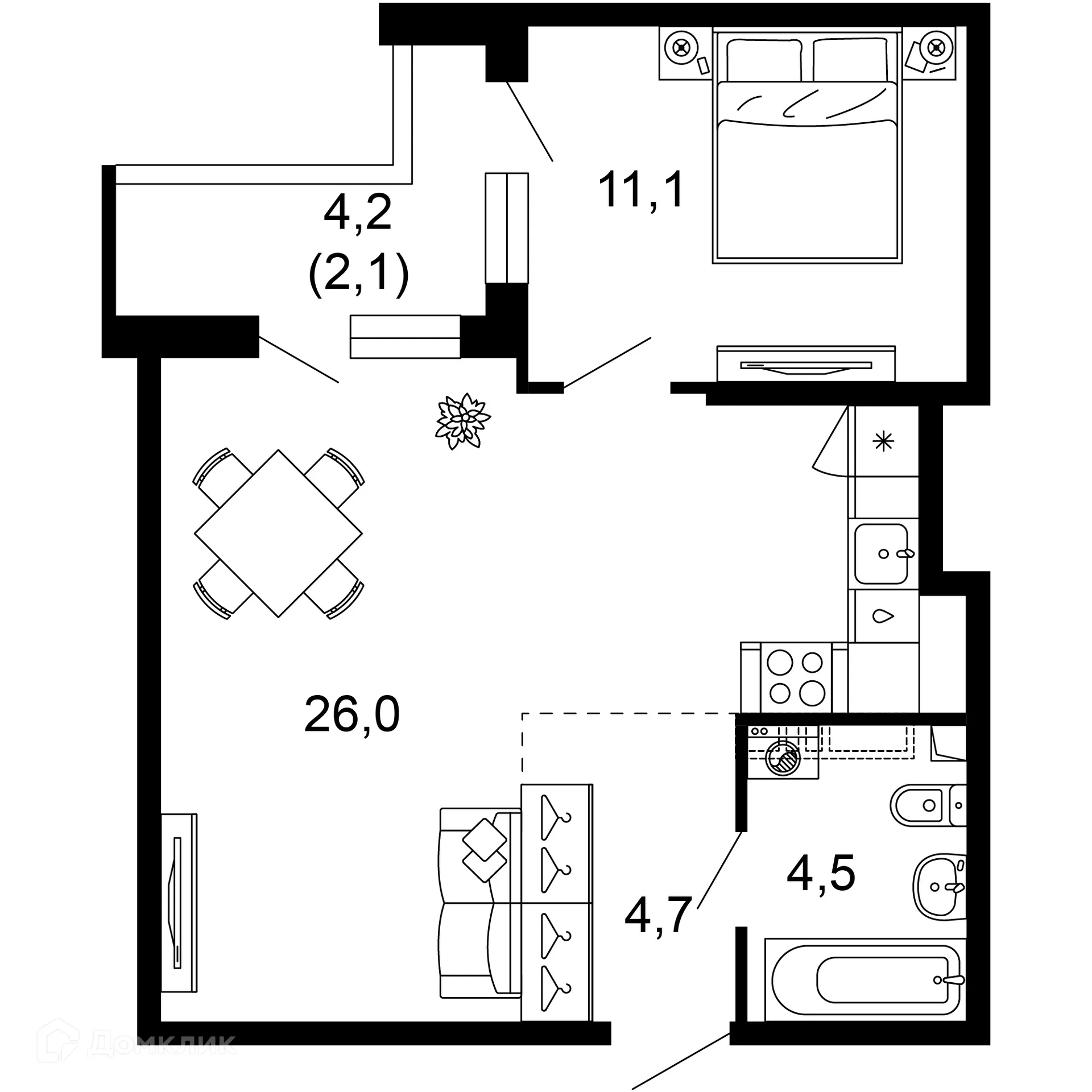 Планировка 1-комнатной квартиры 48.4 м² в ЖК Лестория, г. Сочи — фото 1