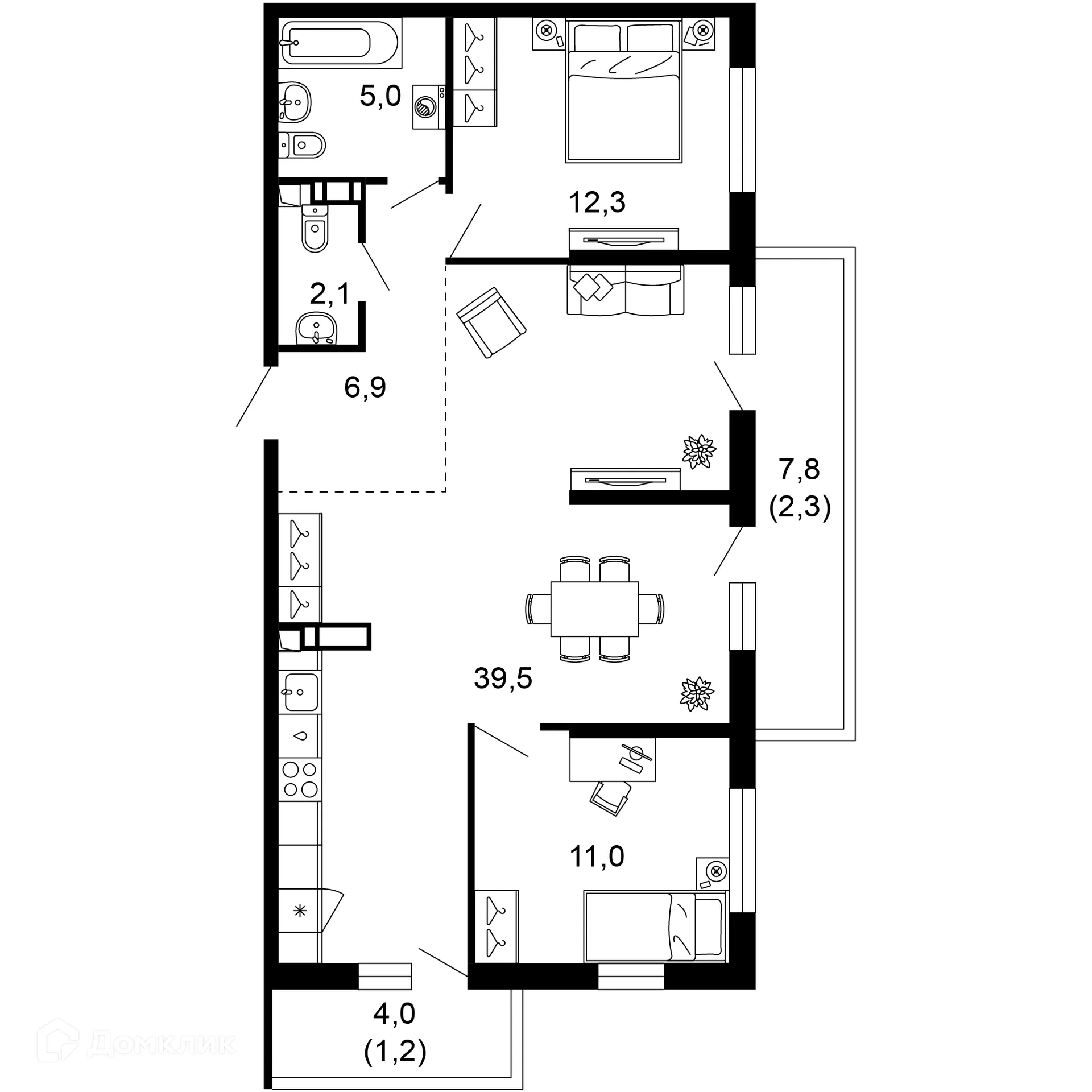 Планировка 2-комнатной квартиры 80.3 м² в ЖК Лестория, г. Сочи — фото 1