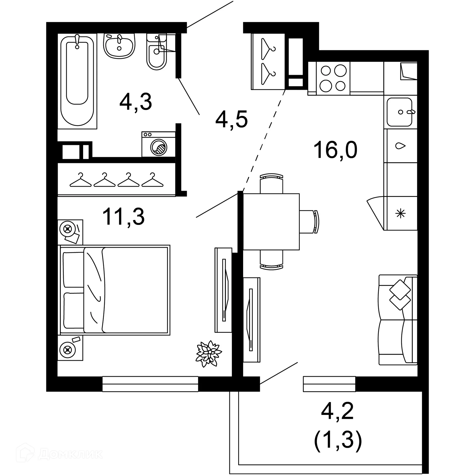 Планировка 1-комнатной квартиры 37.4 м² в ЖК Лестория, г. Сочи — фото 1