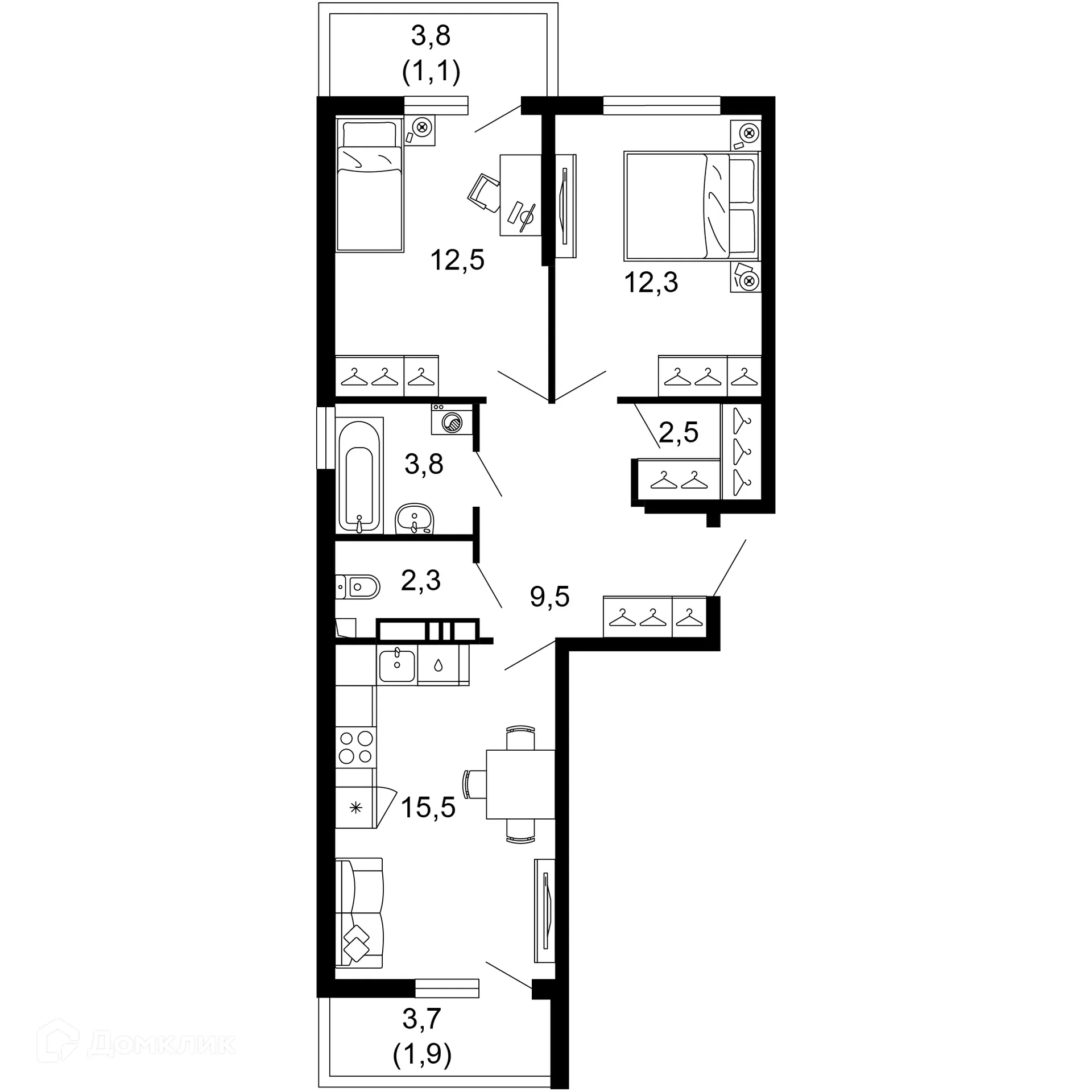 Планировка 2-комнатной квартиры 61.4 м² в ЖК Лестория, г. Сочи — фото 1