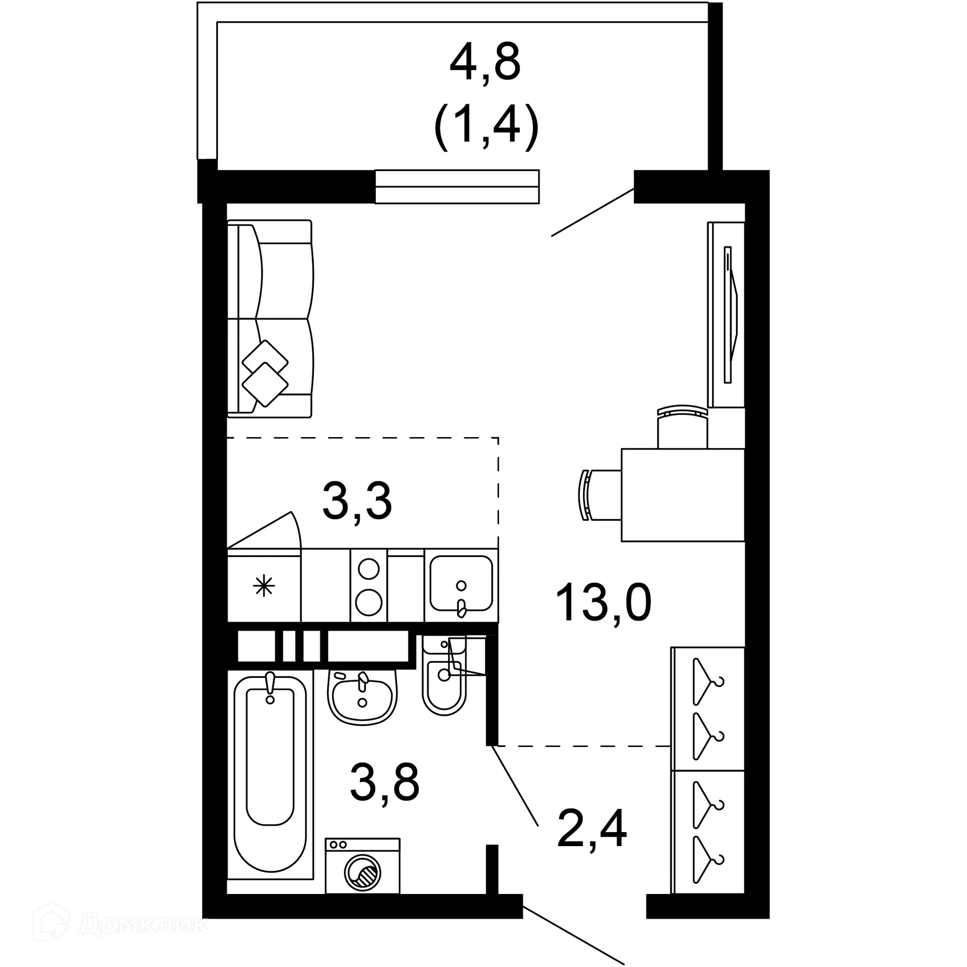 Планировка 1-комнатной квартиры 23.9 м² в ЖК Лестория, г. Сочи — фото 1