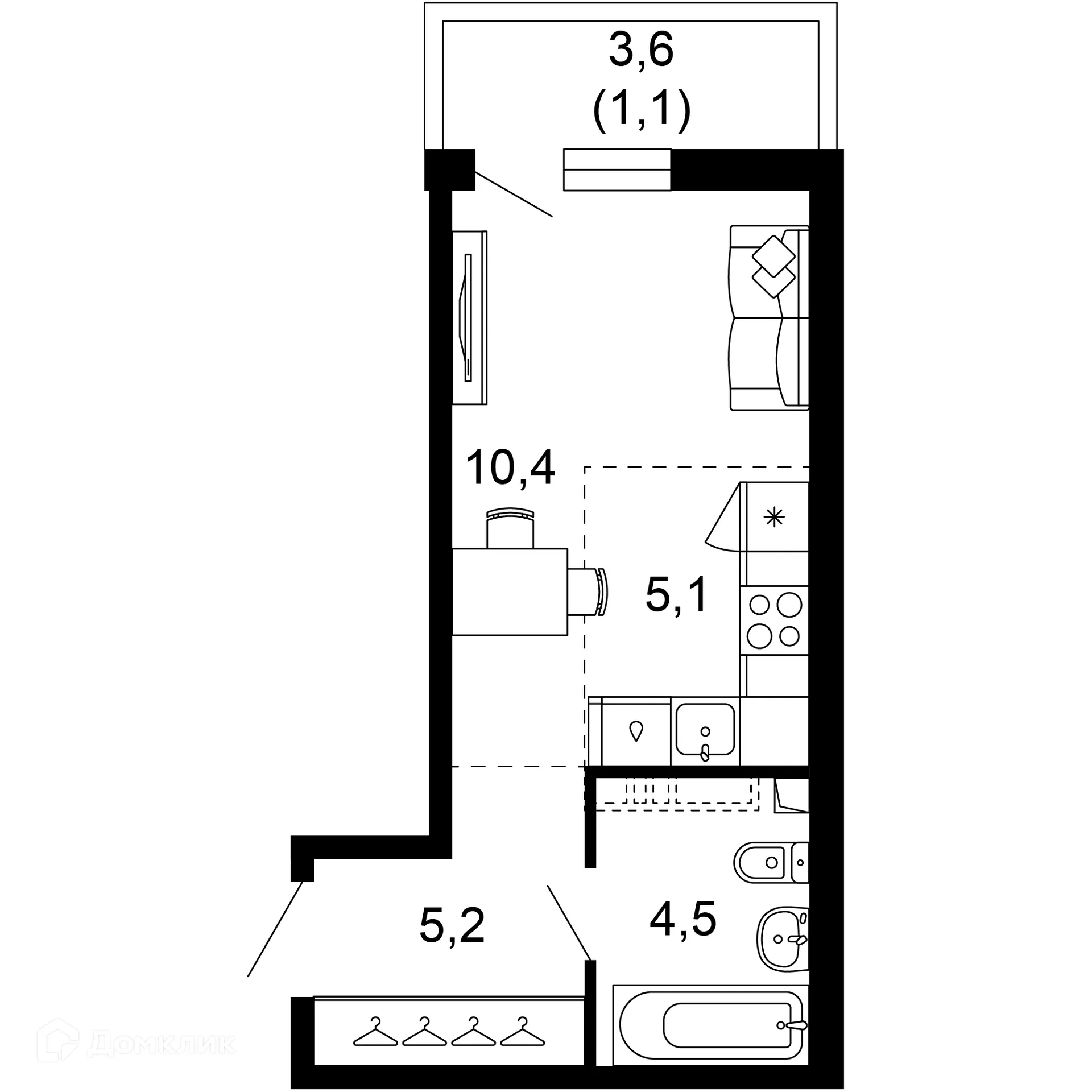 Планировка 1-комнатной квартиры 26.3 м² в ЖК Лестория, г. Сочи — фото 1