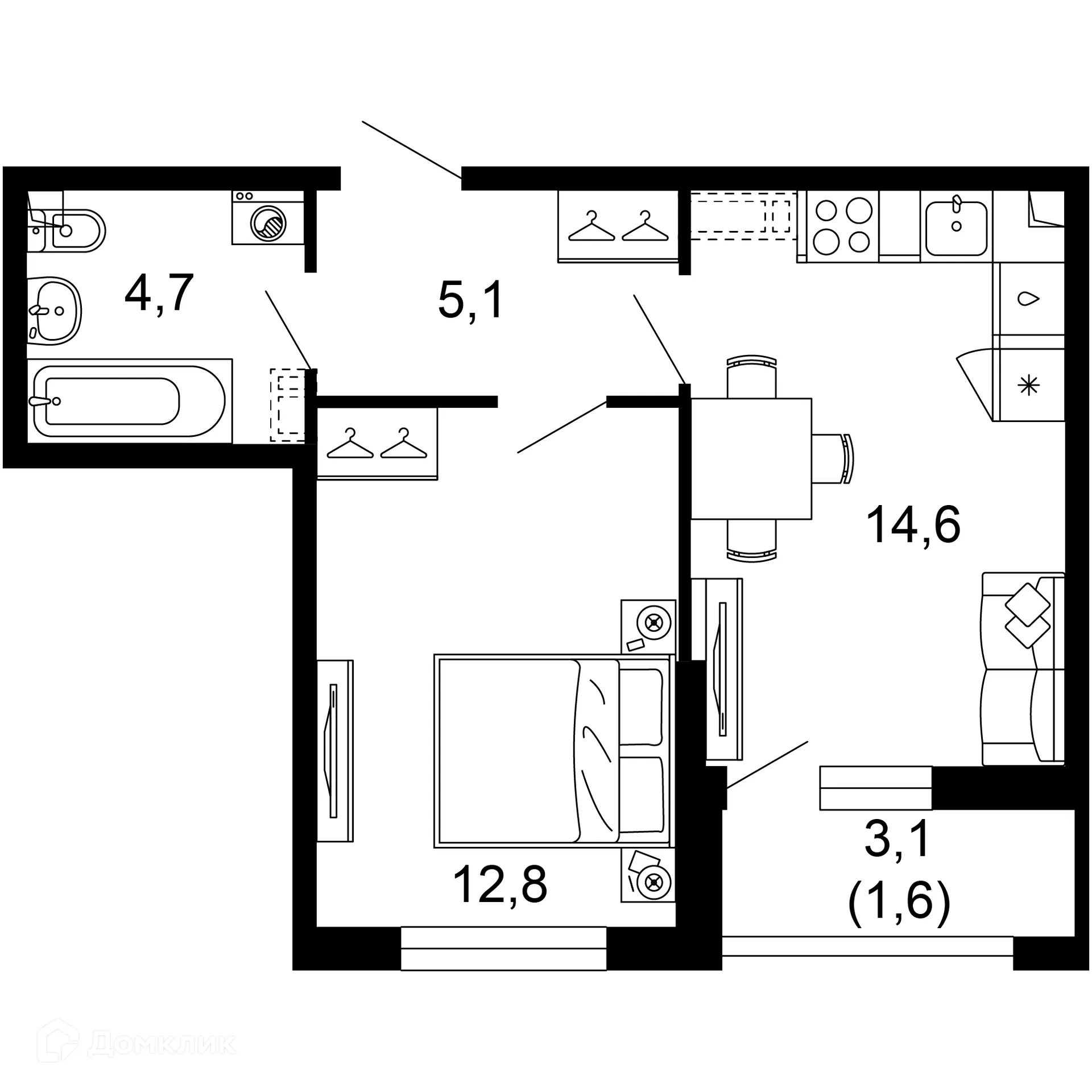 Планировка 1-комнатной квартиры 38.8 м² в ЖК Лестория, г. Сочи — фото 1