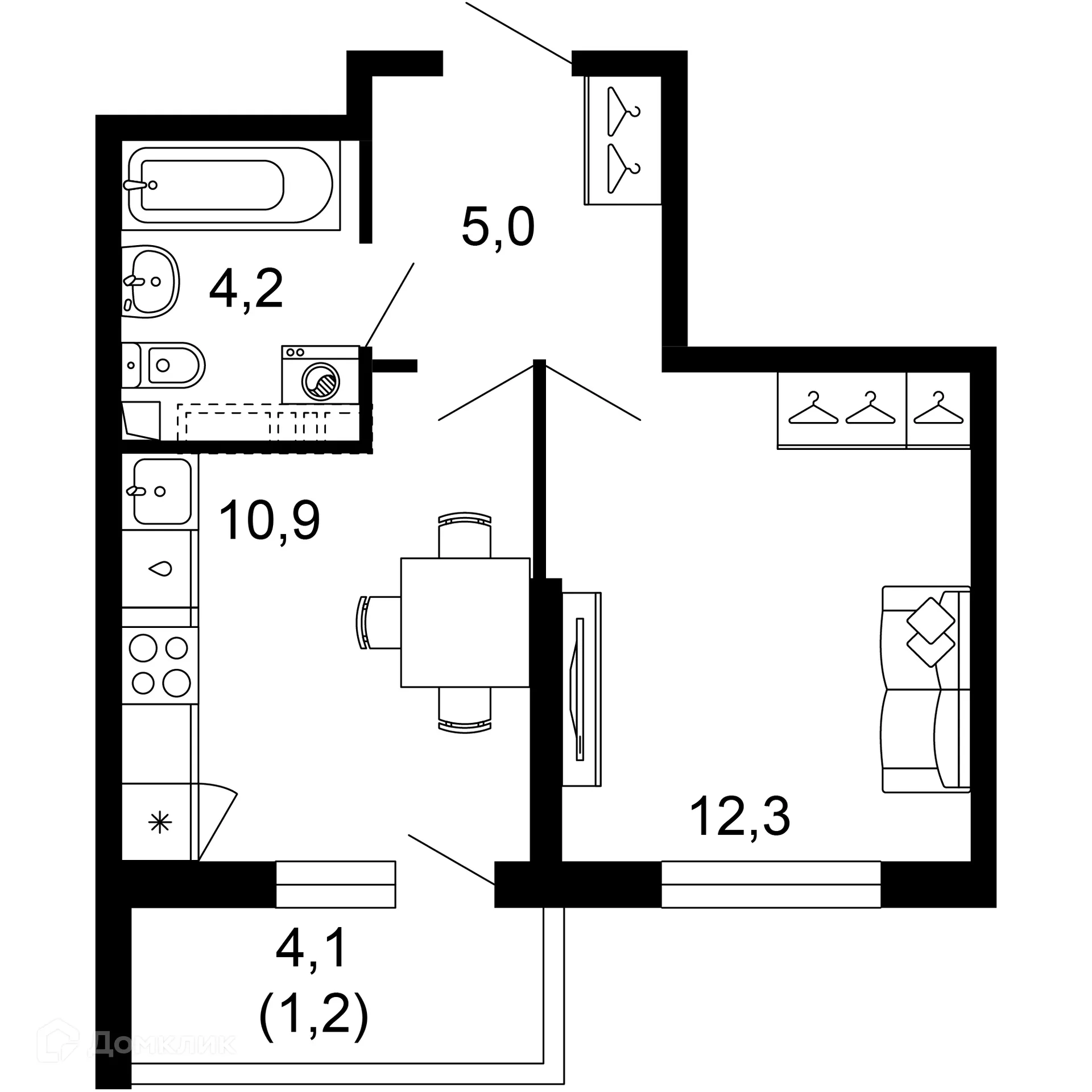 Планировка 1-комнатной квартиры 33.6 м² в ЖК Лестория, г. Сочи — фото 1