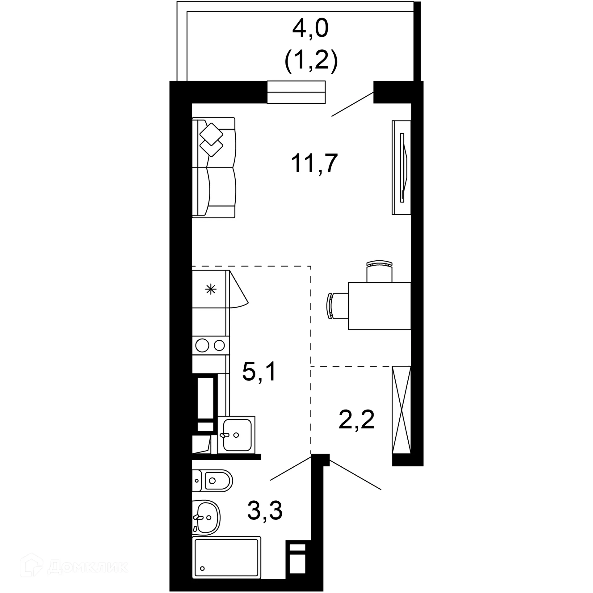 Планировка 1-комнатной квартиры 23.5 м² в ЖК Лестория, г. Сочи — фото 1