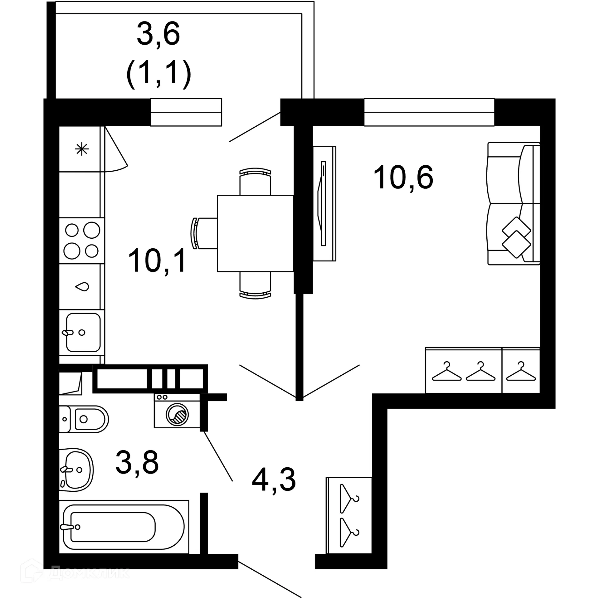 Планировка 1-комнатной квартиры 29.9 м² в ЖК Лестория, г. Сочи — фото 1