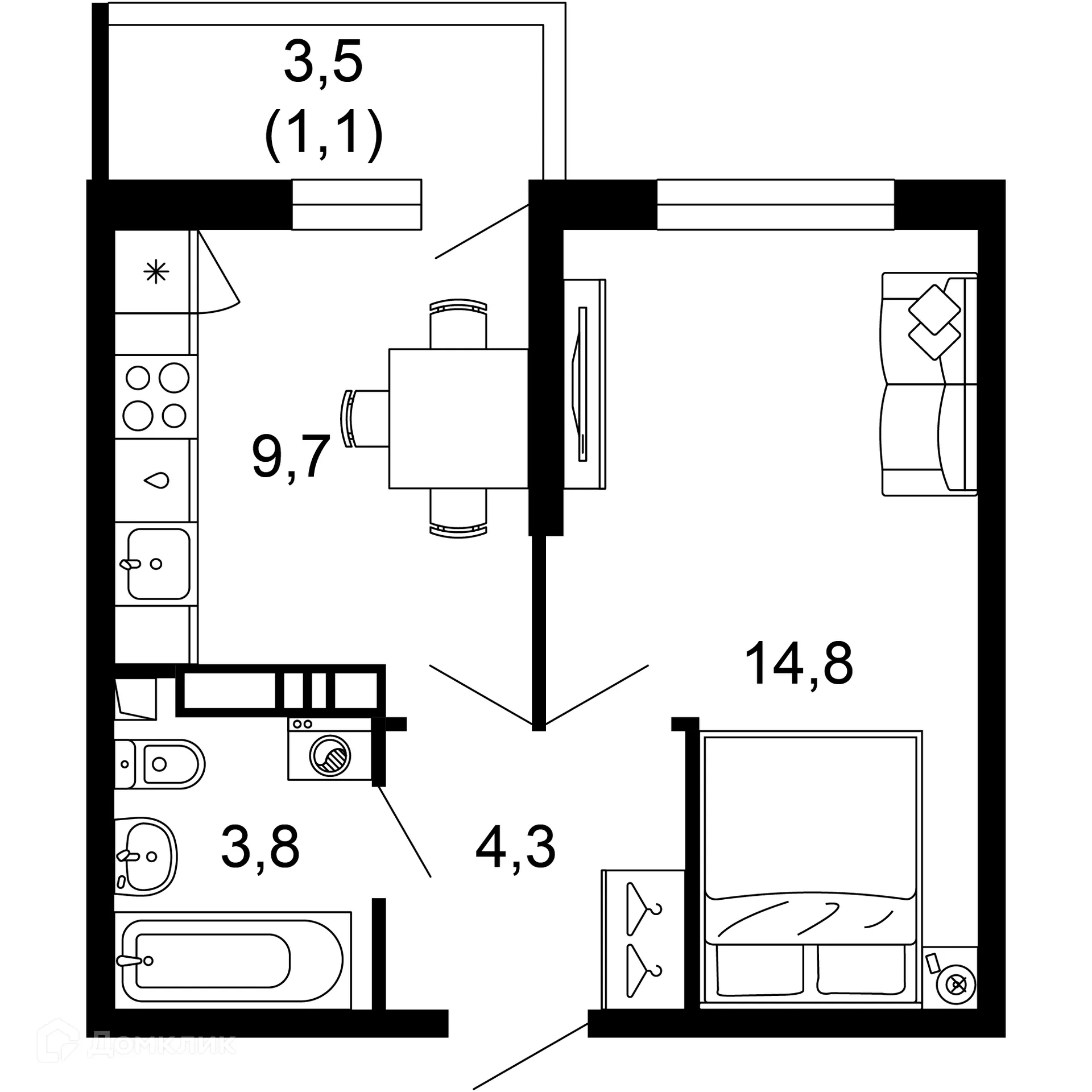 Планировка 1-комнатной квартиры 33.7 м² в ЖК Лестория, г. Сочи — фото 1