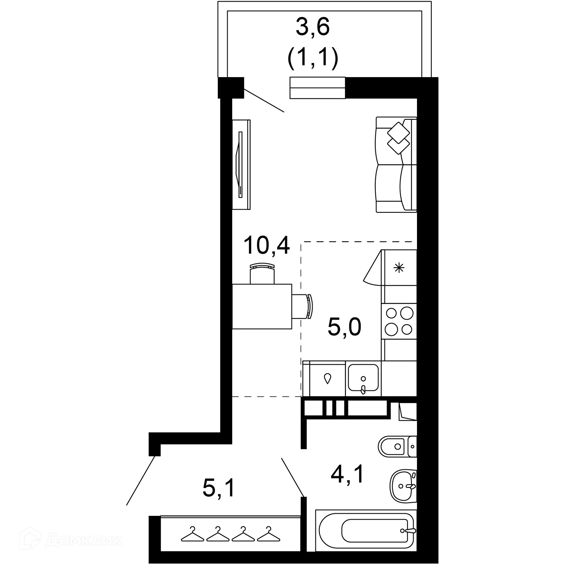 Планировка 1-комнатной квартиры 25.7 м² в ЖК Лестория, г. Сочи — фото 1