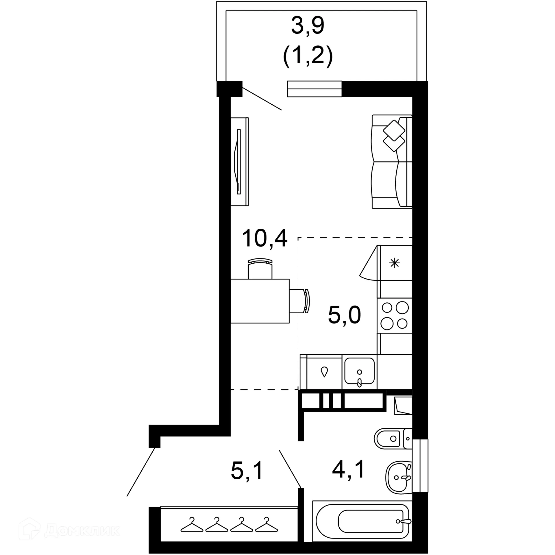 Планировка 1-комнатной квартиры 25.8 м² в ЖК Лестория, г. Сочи — фото 1