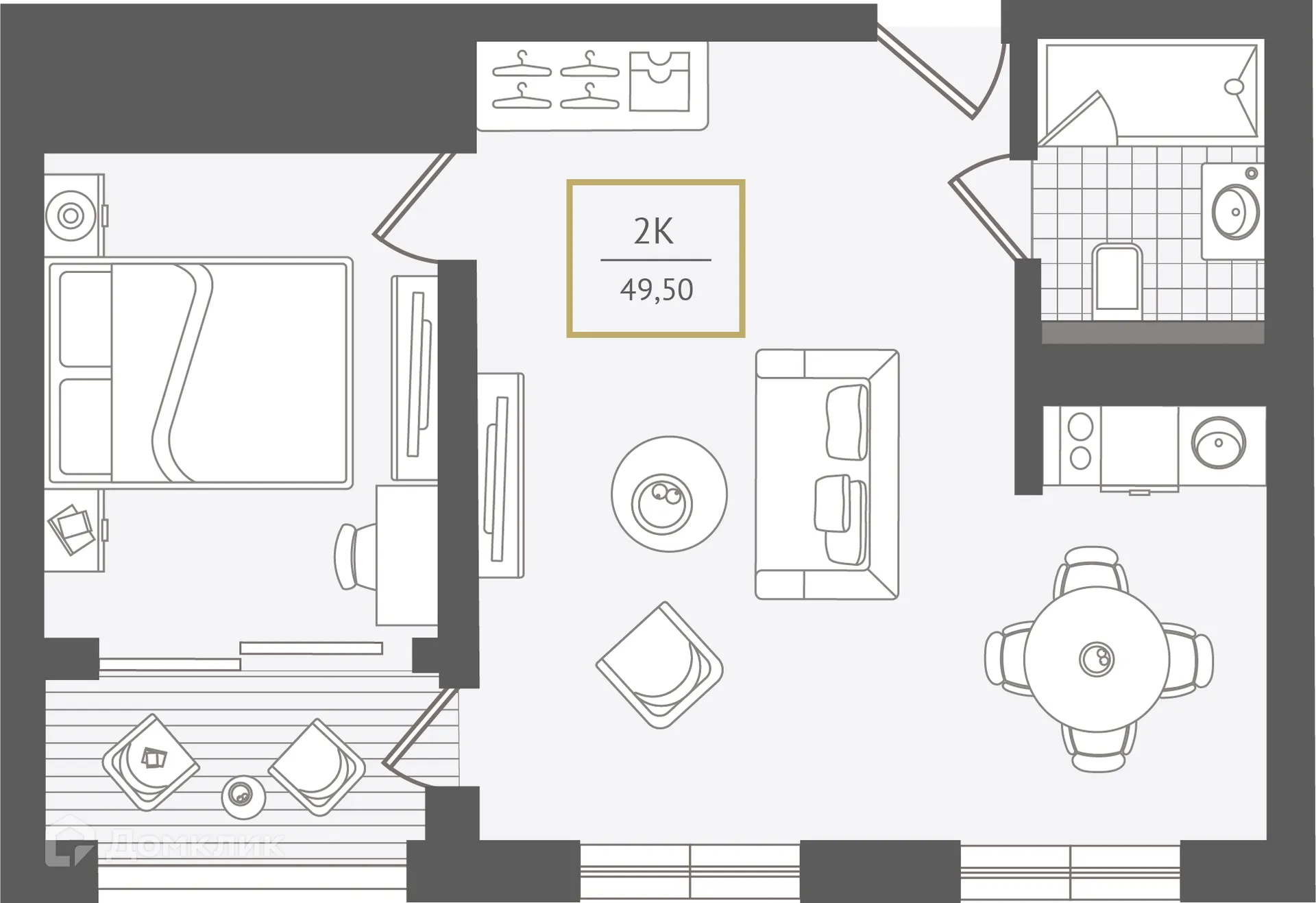 Планировка 2-комнатной квартиры 49.5 м² в ЖК Гостиничный комплекс "Нескучный сад", г. Сочи — фото 1