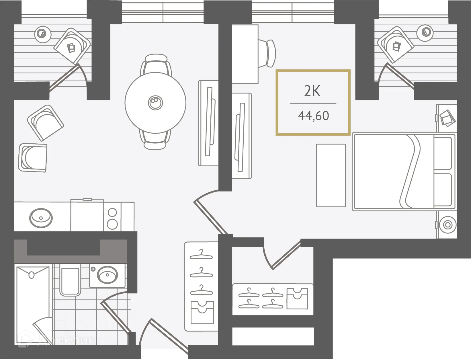 Планировка 2-комнатной квартиры 44.5 м² в ЖК Гостиничный комплекс "Нескучный сад", г. Сочи — фото 1