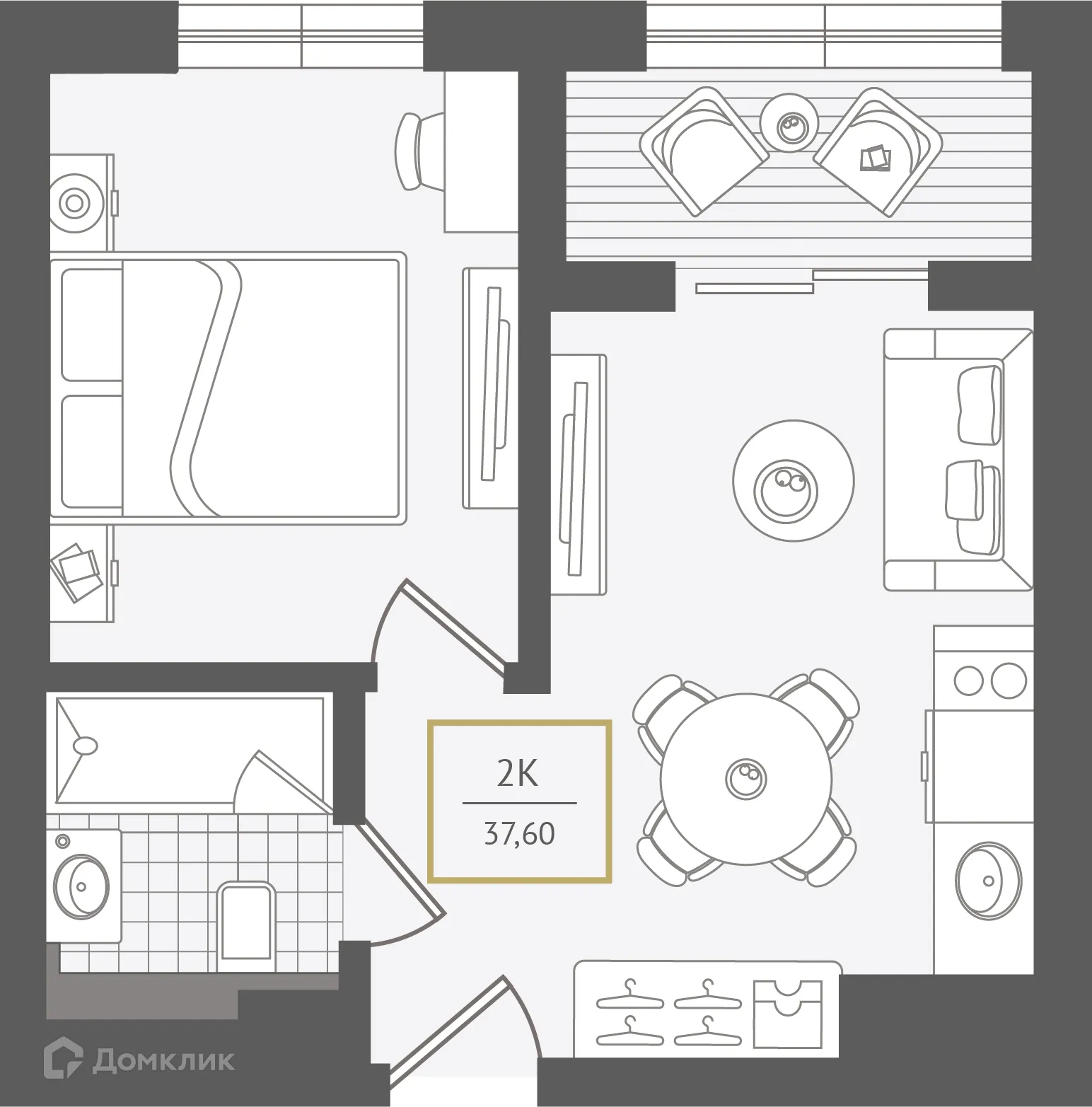 Планировка 2-комнатной квартиры 38 м² в ЖК Гостиничный комплекс "Нескучный сад", г. Сочи — фото 1