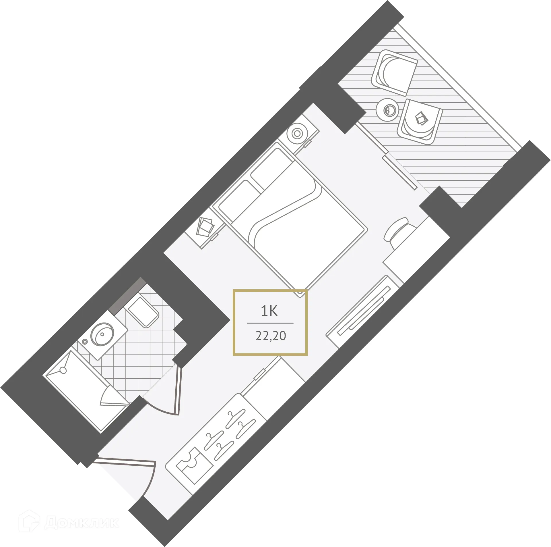 Планировка 1-комнатной квартиры 22.4 м² в ЖК Гостиничный комплекс "Нескучный сад", г. Сочи — фото 1